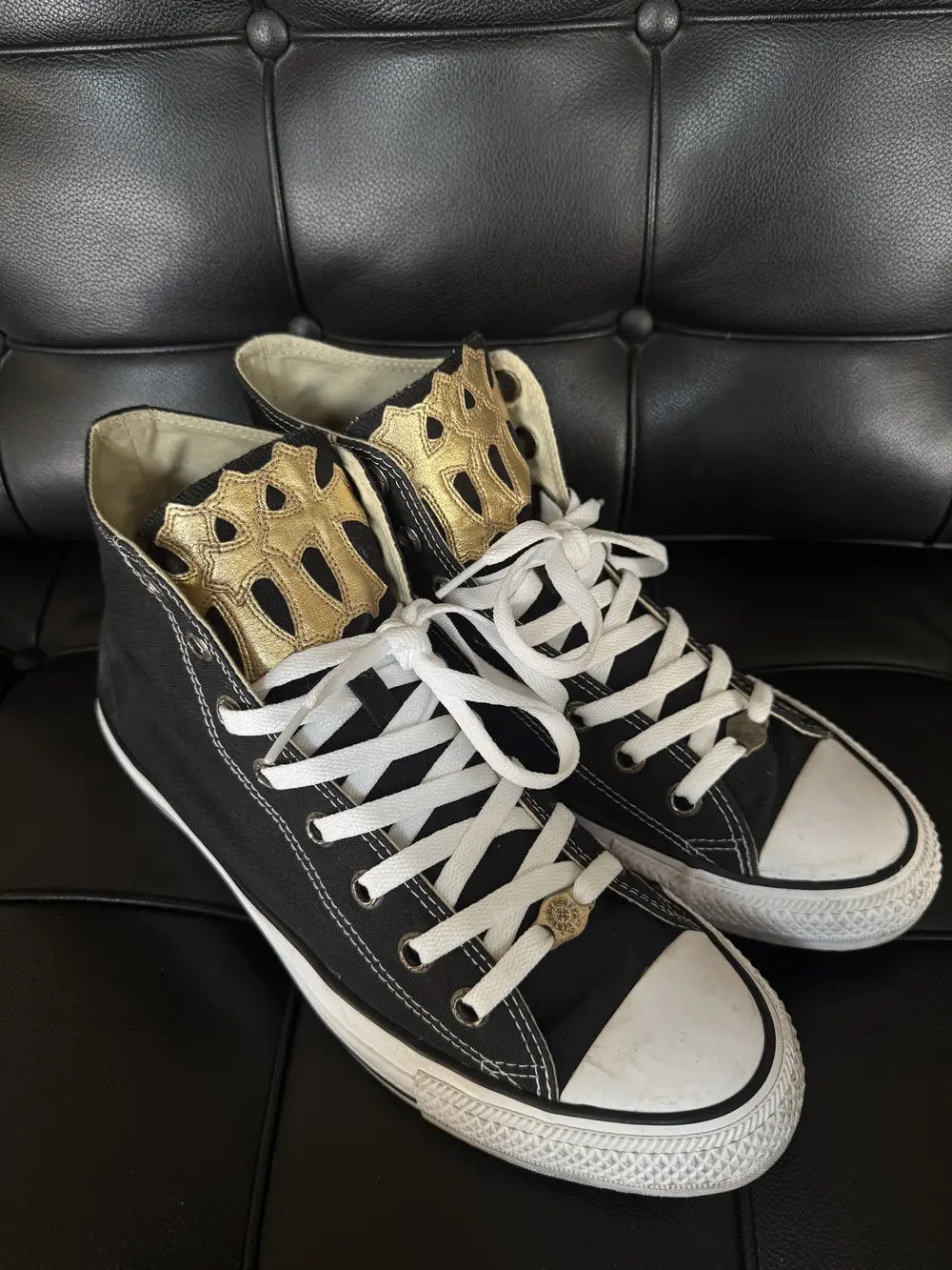 CH Chromehearts × Converse Sword and Dagger Gold Cross Leather Black Converse High-Top Canvas Sneakers