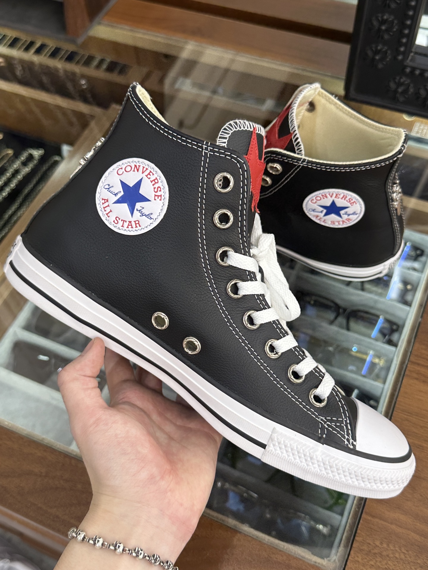 CH Chrome Hearts x Converse All Star High-Top Leather Canvas Shoes with Red Star Trim