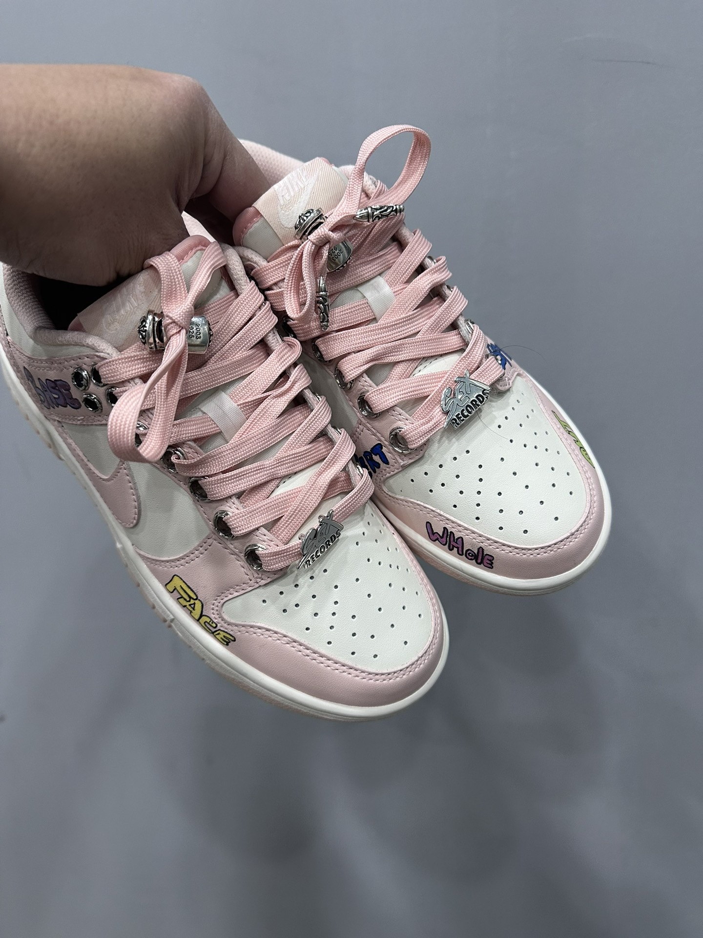 CH x Nike x Matty boy Limited Edition Pink Hand-painted Graffiti Dunk Low Sneakers for Casual Wear.