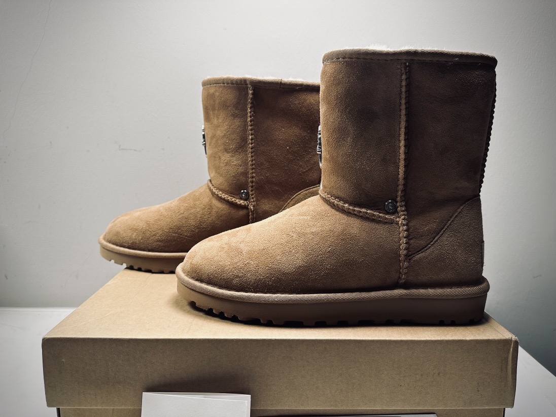 CH × UGG Classic Shot II Classic Mid-Calf Leather and Fur Brown Anti-Fur Leather Snow Boots