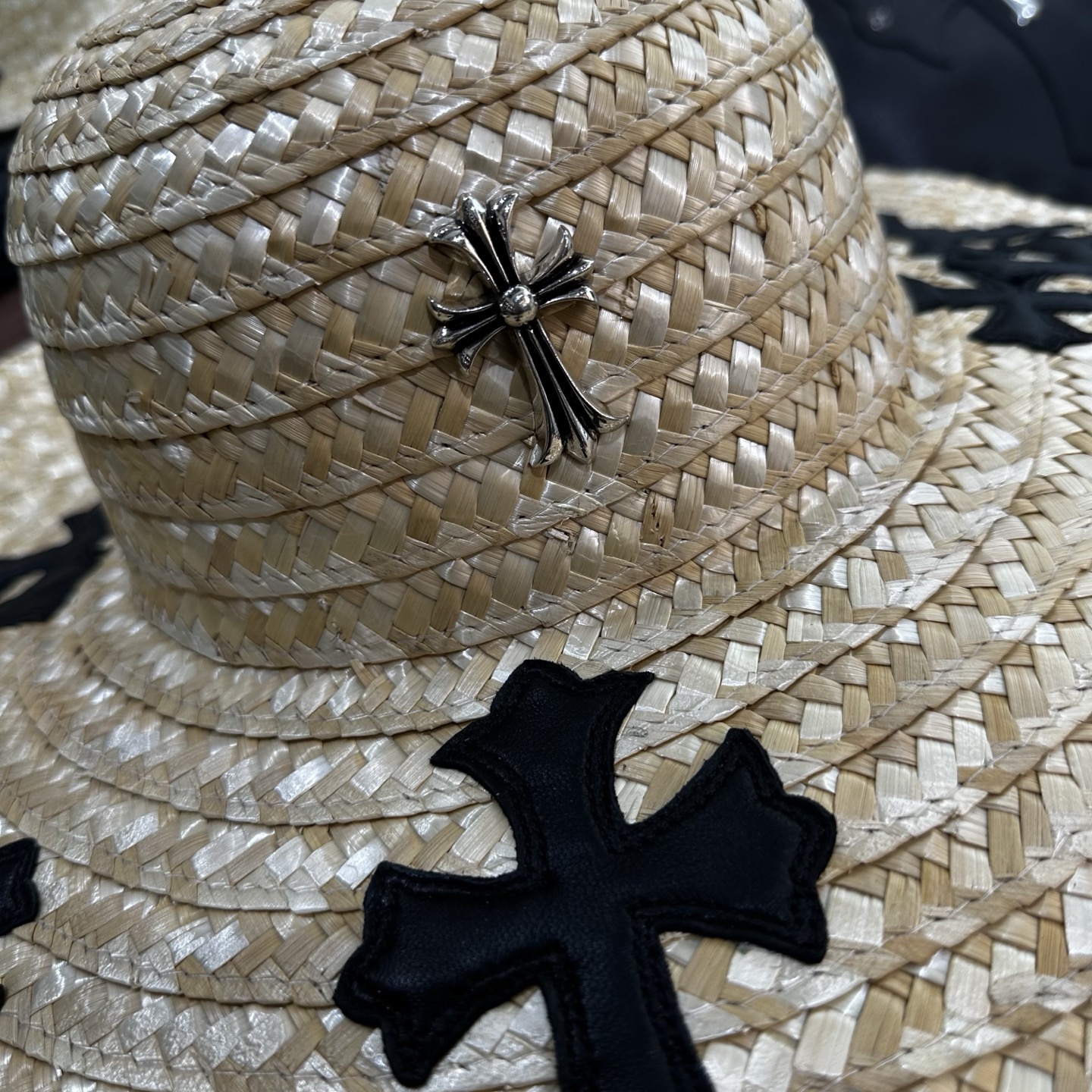 CH Straw Woven Patch Fur Hat, All Sizes