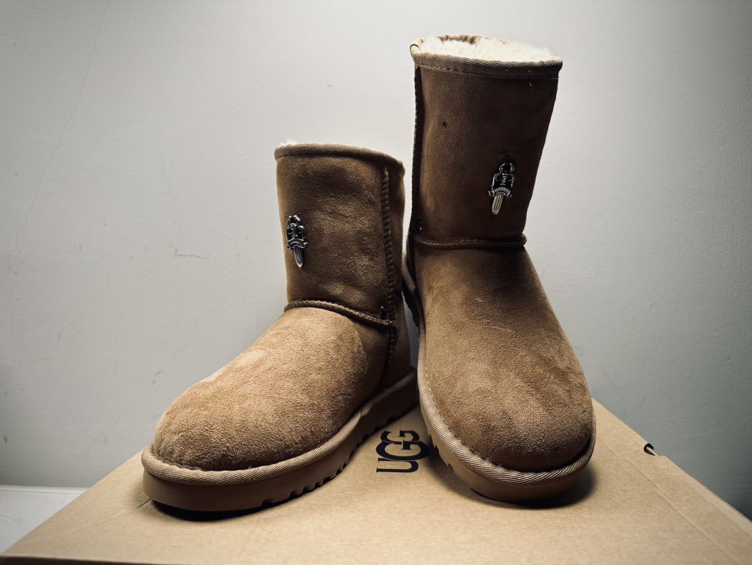 CH × UGG Classic Shot II Classic Mid-Calf Leather and Fur Brown Anti-Fur Leather Snow Boots