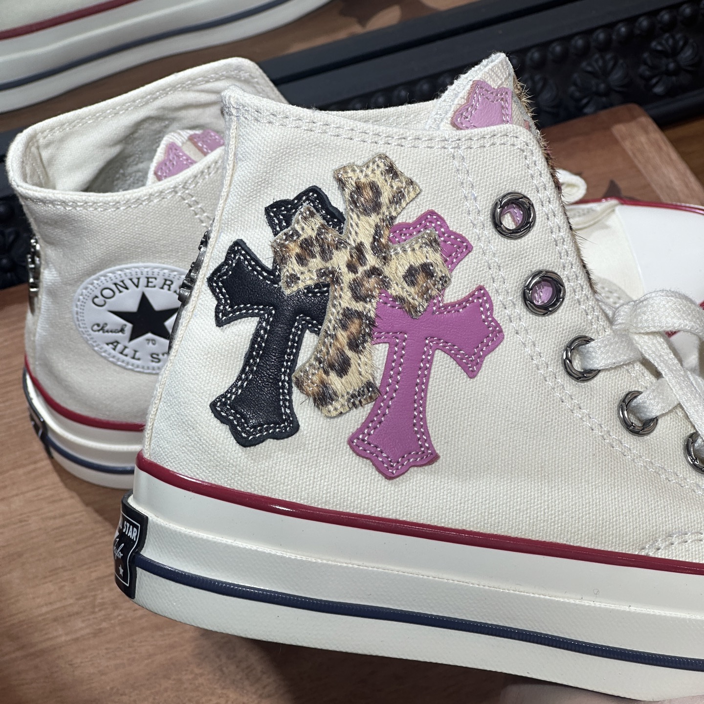 CH Chromehearts × Converse Sword and Dagger Tricolor Cross-Patterned Leather White High-Top Sneakers Size: 36-44