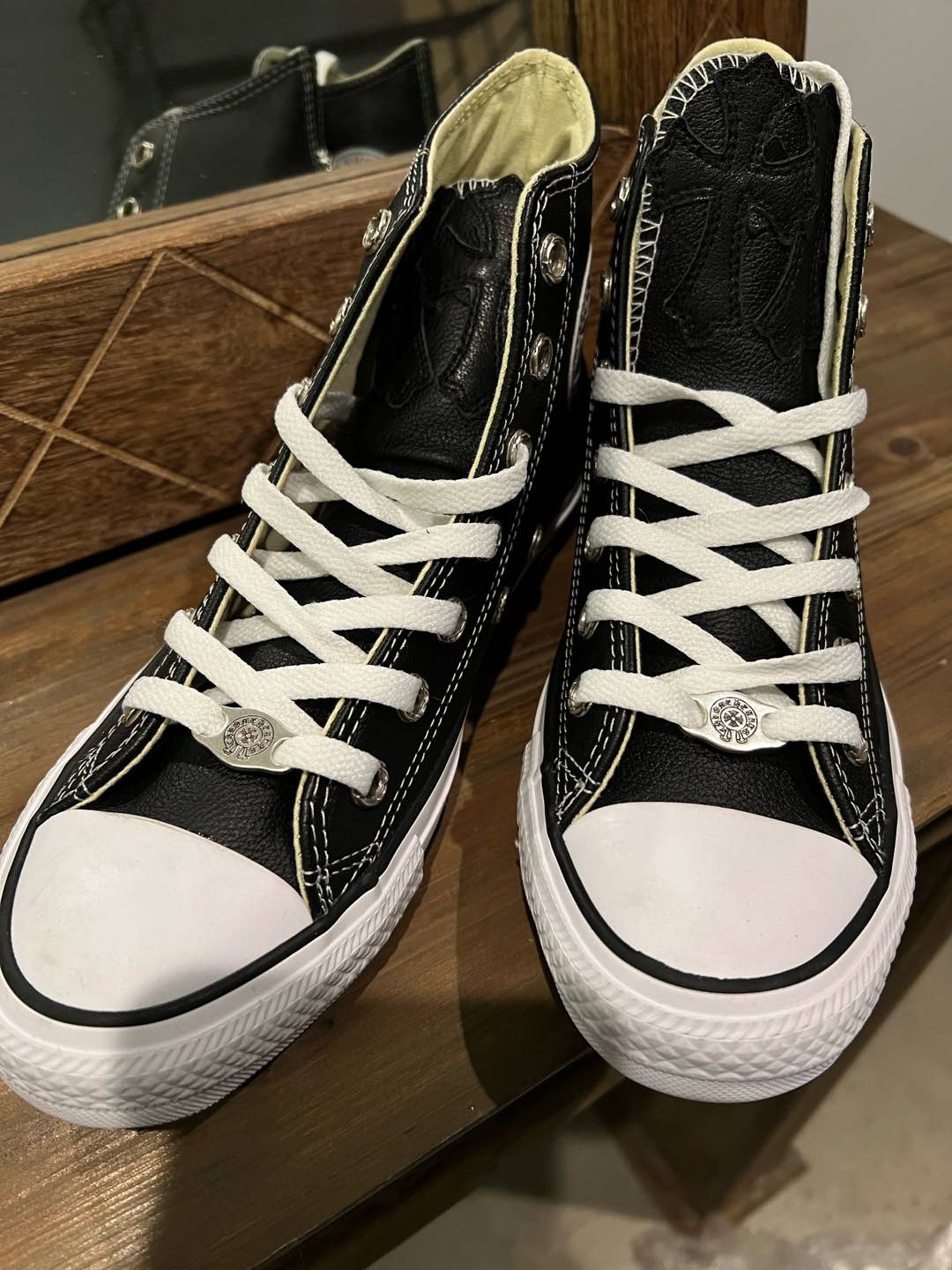 CH chromehearts × Converse sword and dagger black cross-stitch leather high-top sneakers