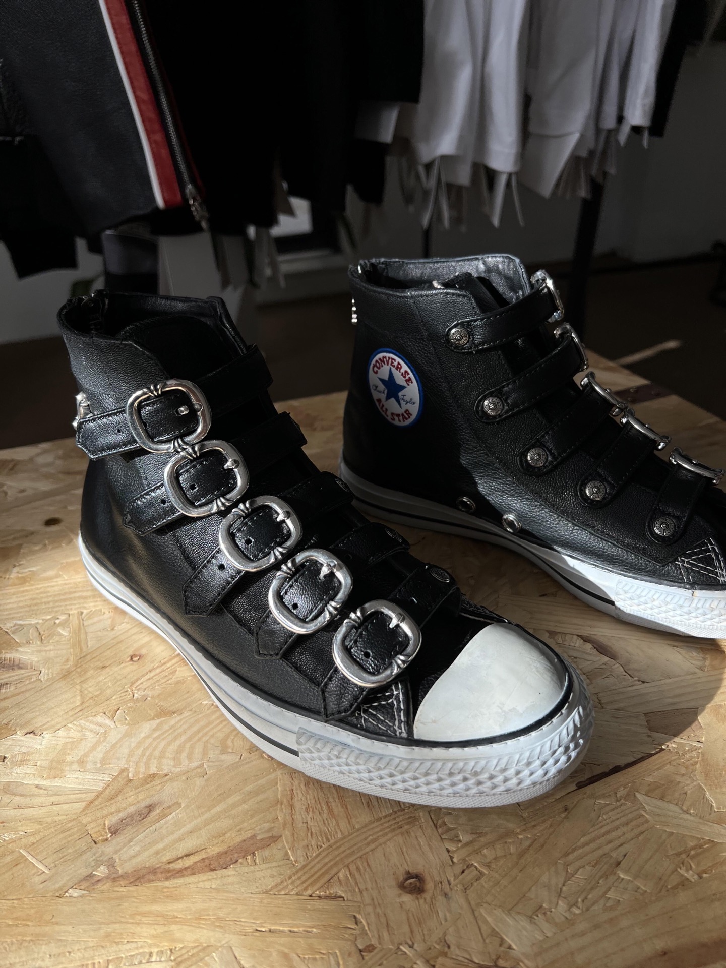 CH Chrome Hearts x Converse Multi-Buckle Chuck Taylor Black Leather High-Top Sneakers. Sizes: 35-46