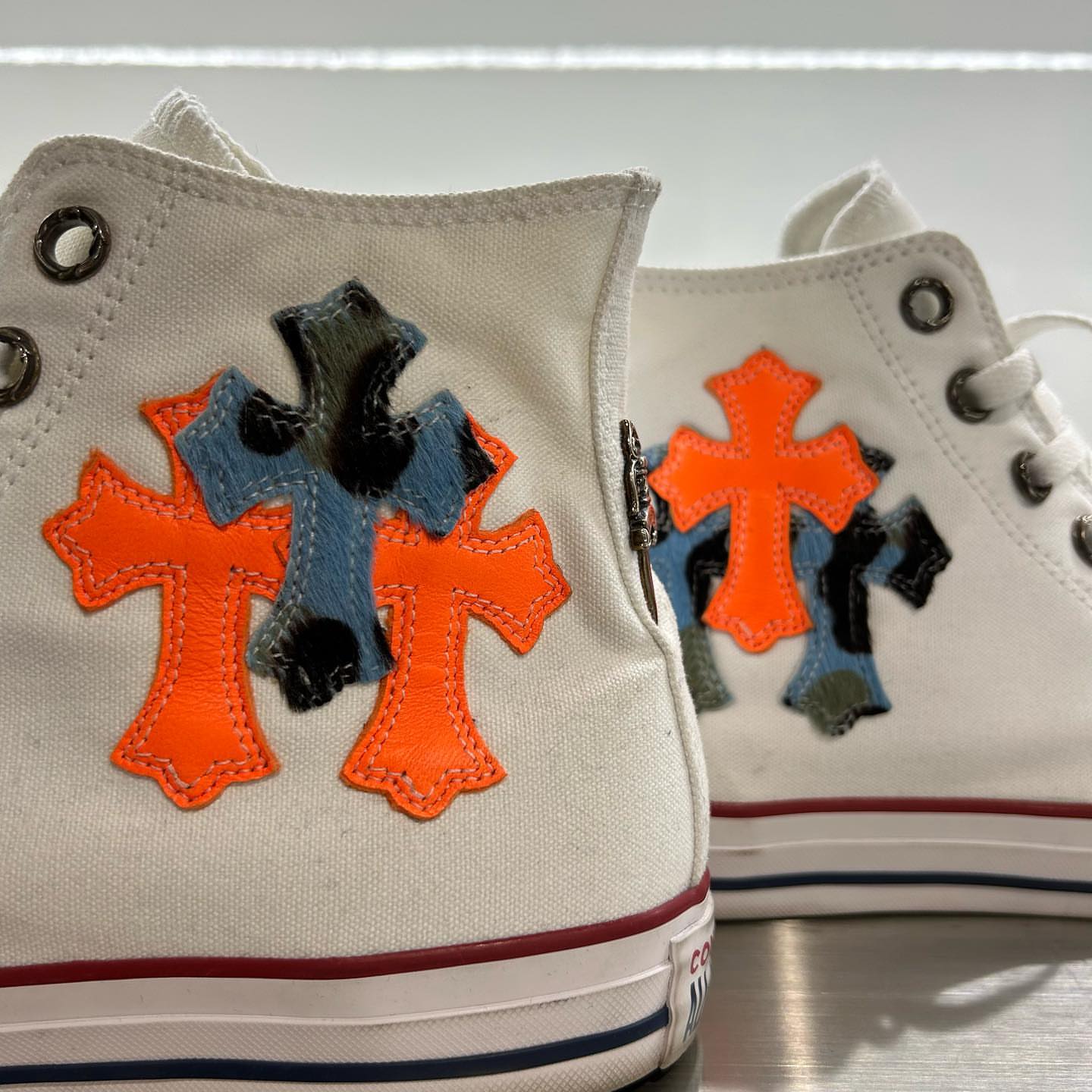 CH Chromehearts × Converse Blue Leopard Print Orange Cross-Panel Leather White Converse High-Top Canvas Sneakers