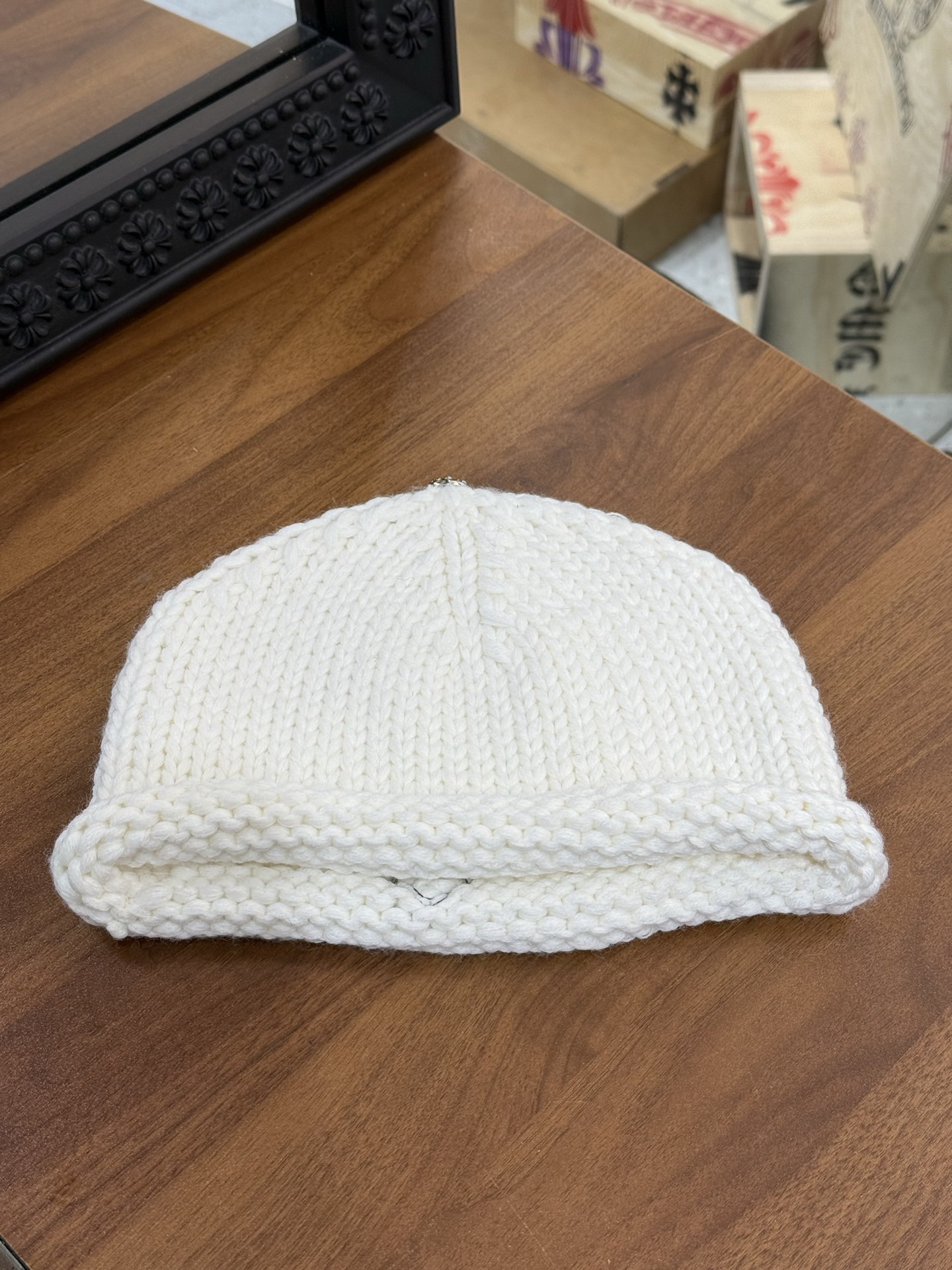 CH White Leopard Print Cross-Striped 100% Cashmere Knitted Cold Hat.