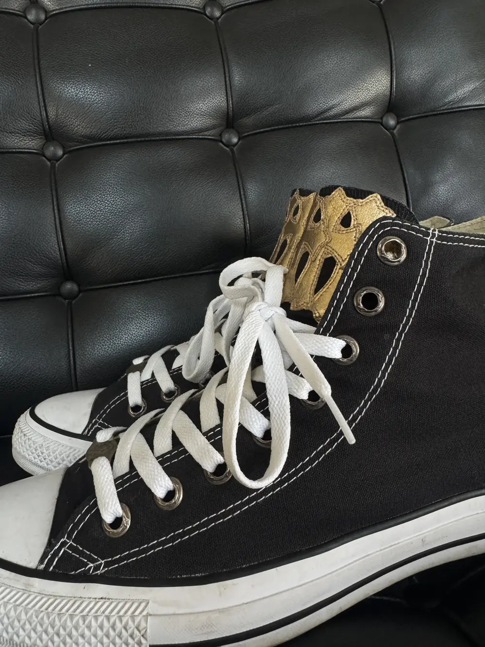 CH Chromehearts × Converse Sword and Dagger Gold Cross Leather Black Converse High-Top Canvas Sneakers