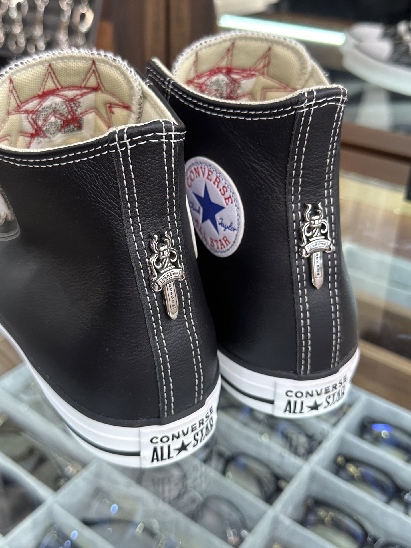 CH Chrome Hearts x Converse All Star High-Top Leather Canvas Shoes with Red Star Trim