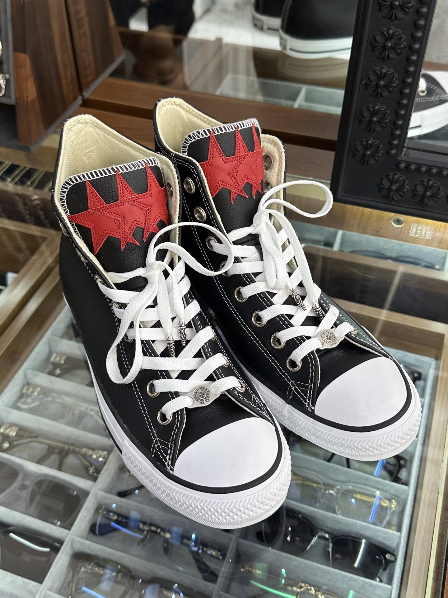 CH Chrome Hearts x Converse All Star High-Top Leather Canvas Shoes with Red Star Trim