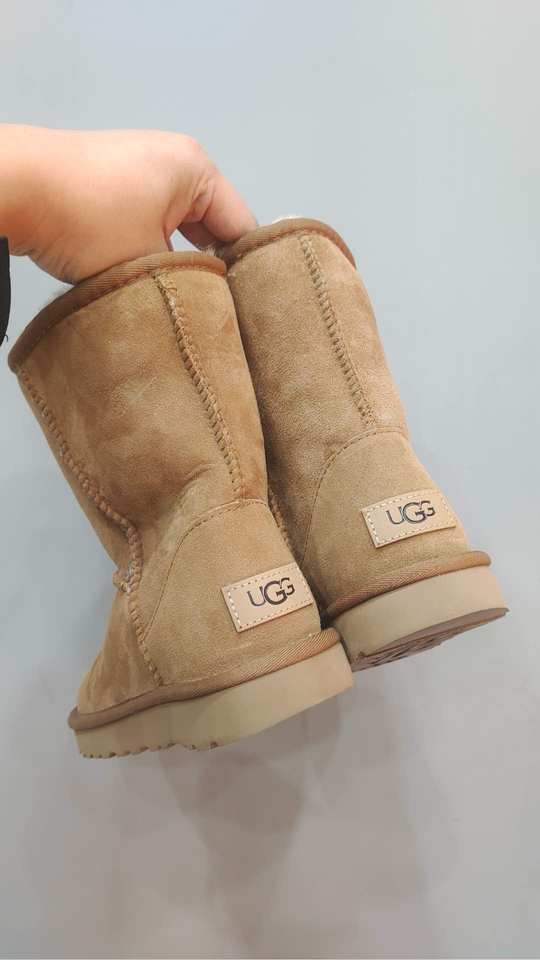CH x UGG new khaki leather cross-shaped mid-calf snow boots.