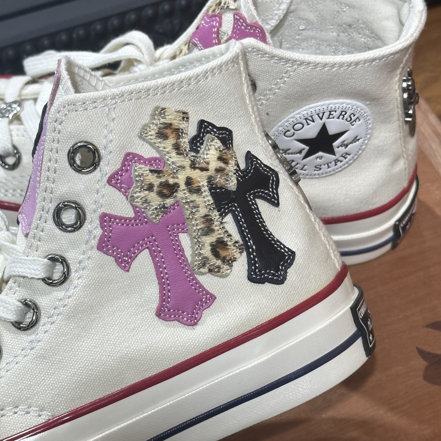 CH Chromehearts × Converse Sword and Dagger Tricolor Cross-Patterned Leather White High-Top Sneakers Size: 36-44