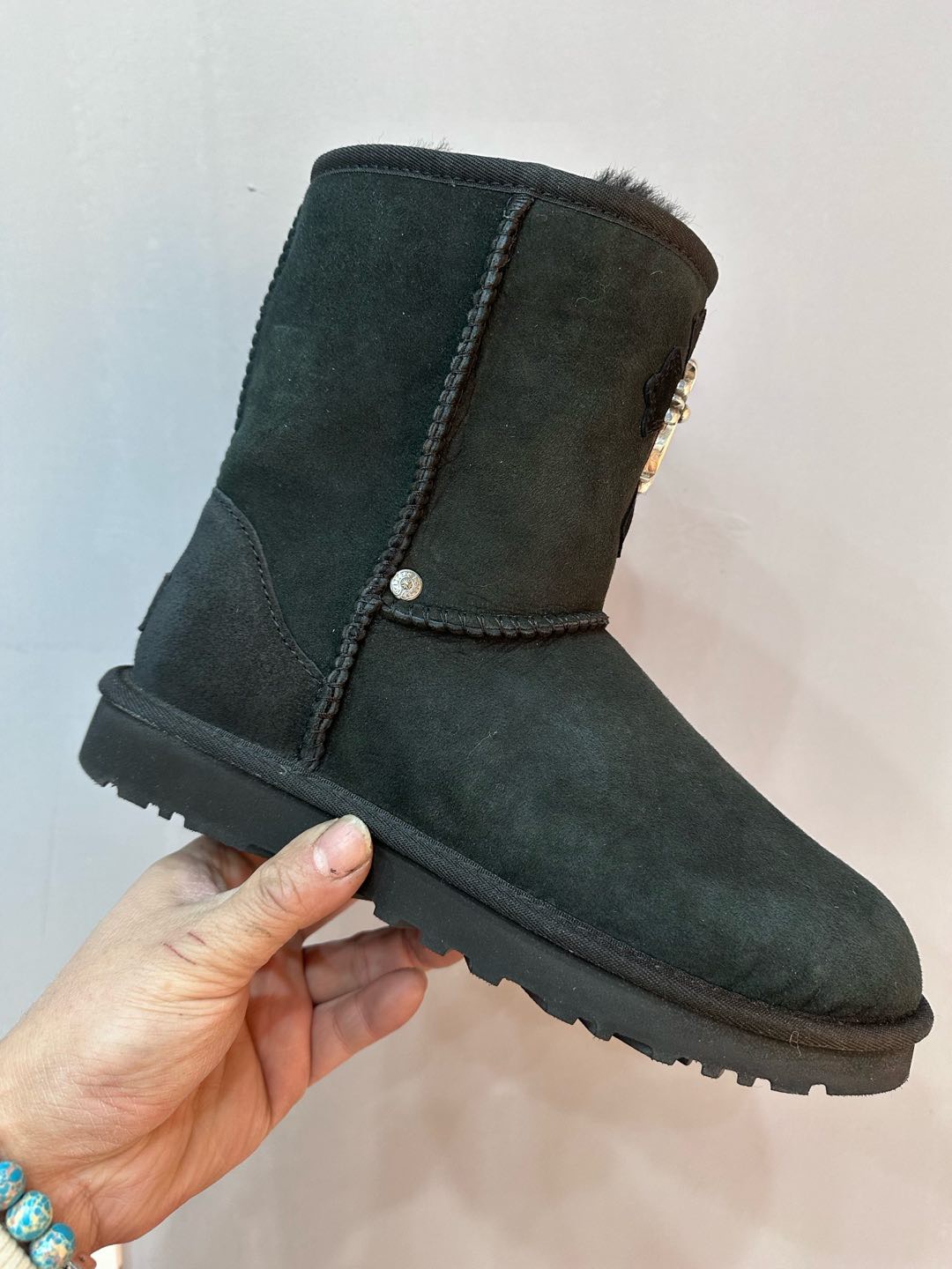 CH x UGG new black leather cross-shaped mid-calf snow boots.