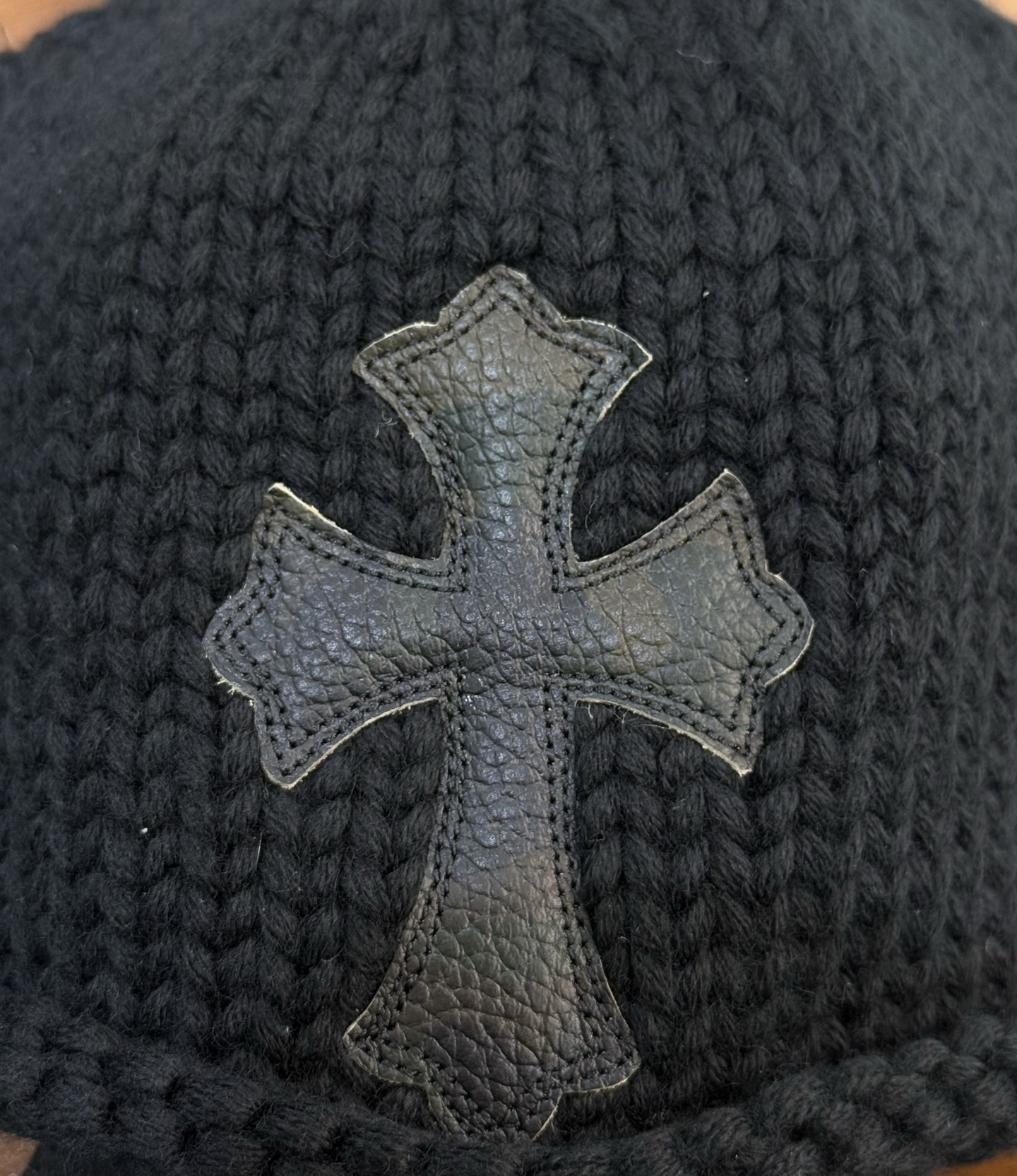 CH Leather Cross Patch Woolen Knitted Cold Hat. 100% Goat Hair.