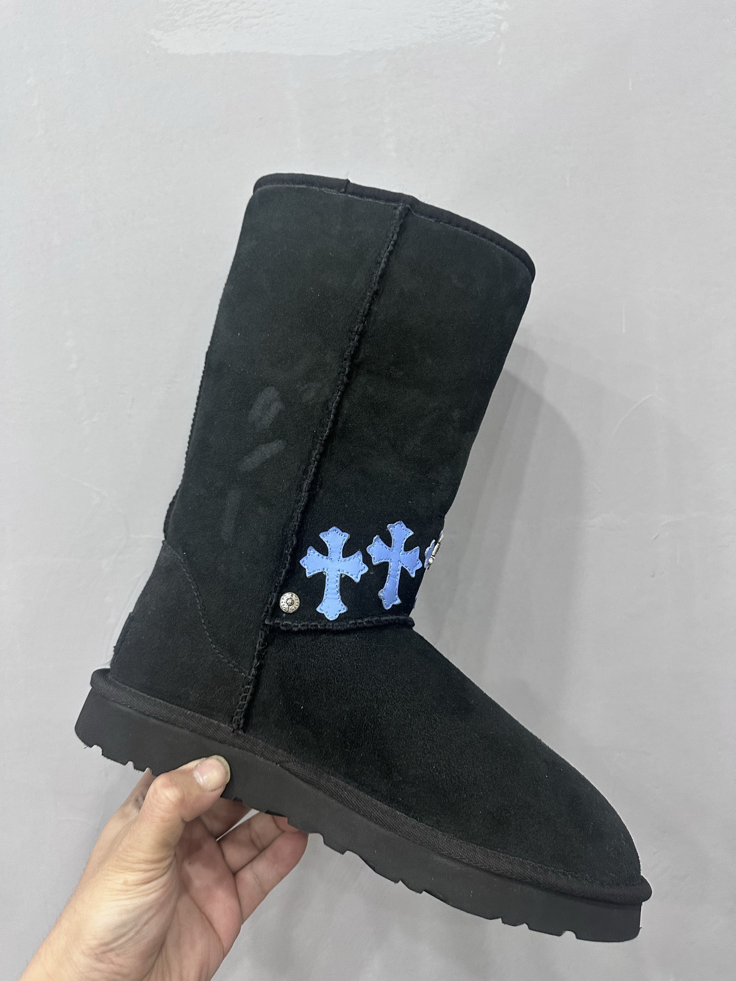 CH x UGG High-Top Combo Blue Leather Mini Sword Style Snow Boots