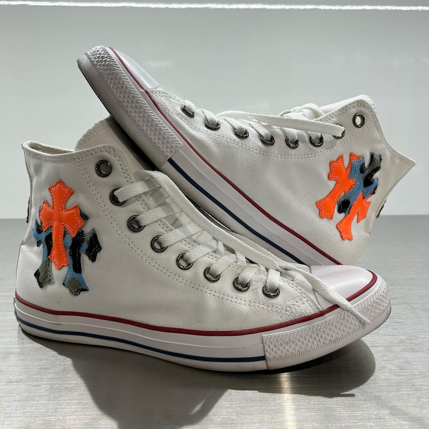 CH Chromehearts × Converse Blue Leopard Print Orange Cross-Panel Leather White Converse High-Top Canvas Sneakers