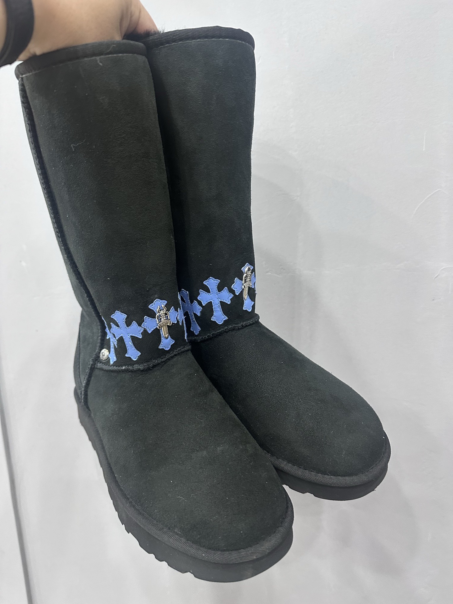 CH x UGG High-Top Combo Blue Leather Mini Sword Style Snow Boots