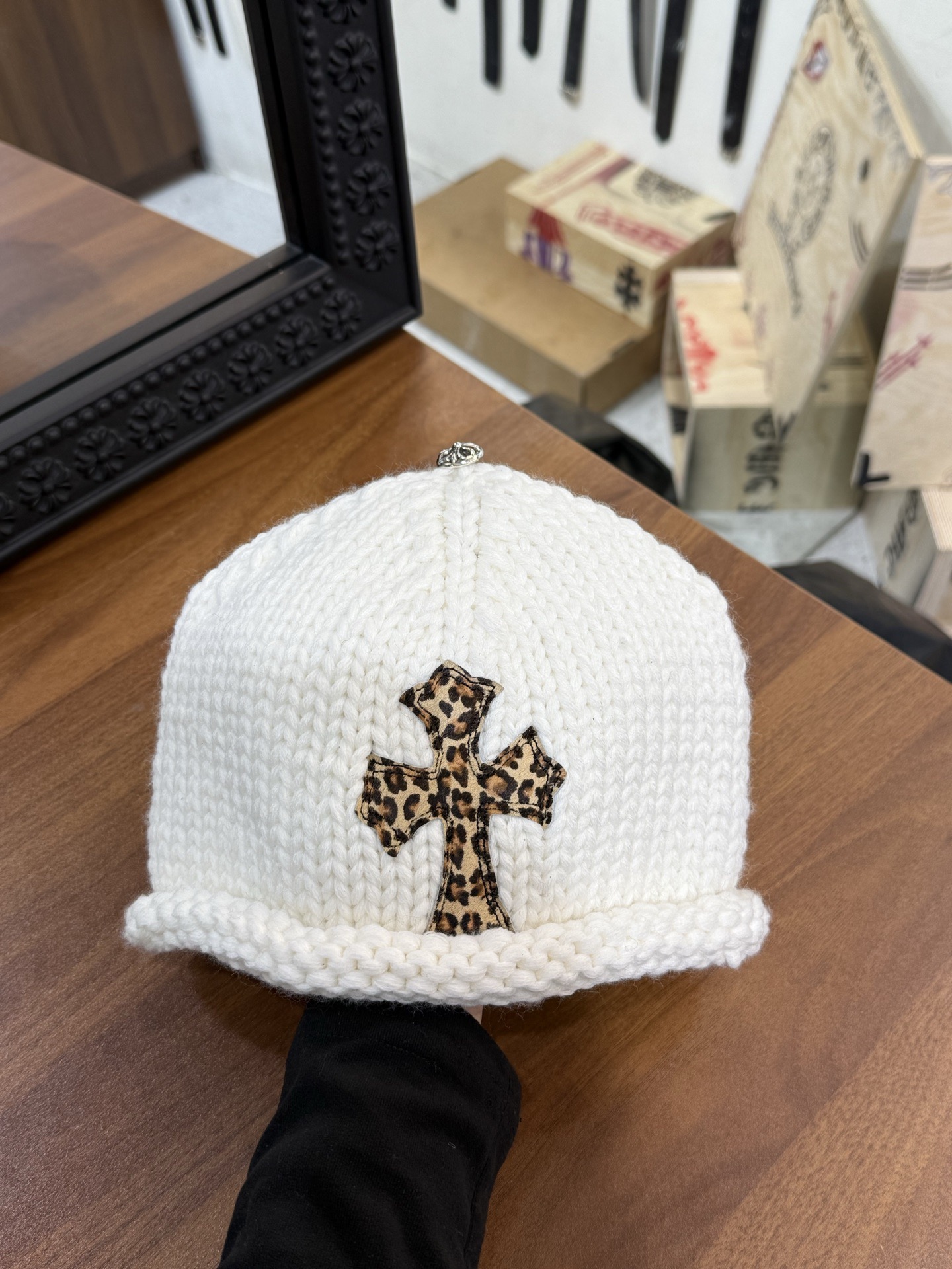 CH White Leopard Print Cross-Striped 100% Cashmere Knitted Cold Hat.