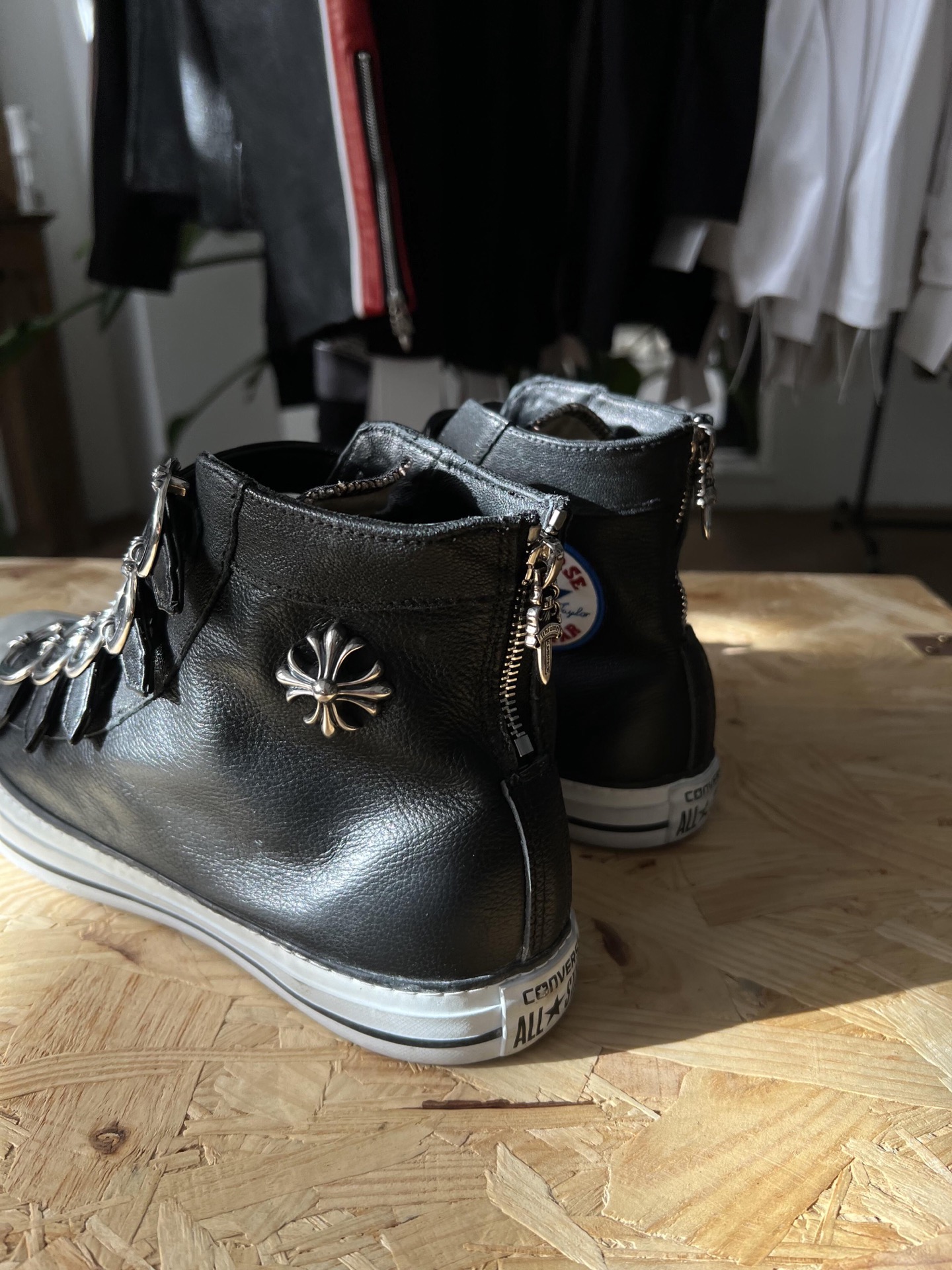 CH Chrome Hearts x Converse Multi-Buckle Chuck Taylor Black Leather High-Top Sneakers. Sizes: 35-46