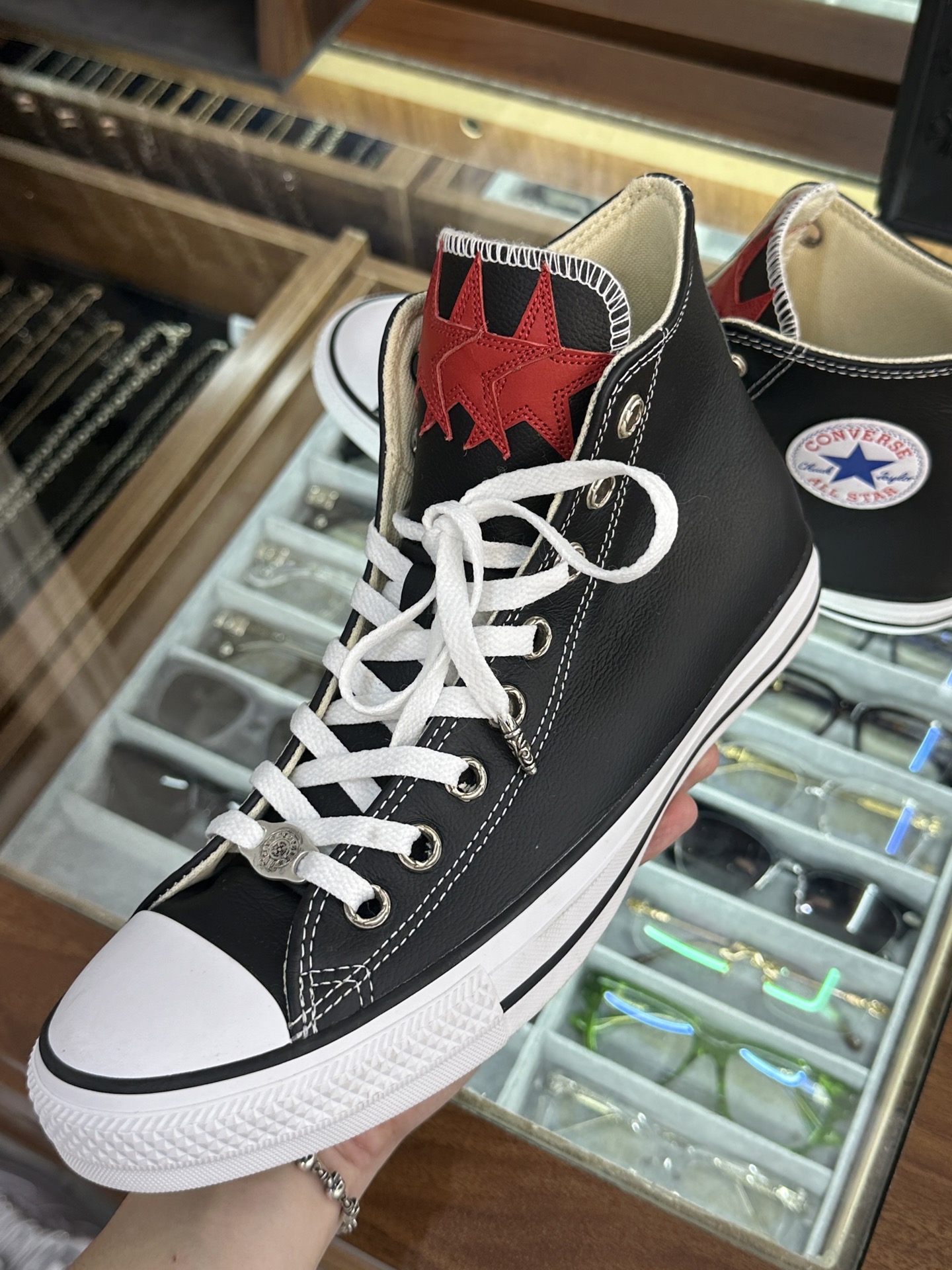 CH Chrome Hearts x Converse All Star High-Top Leather Canvas Shoes with Red Star Trim