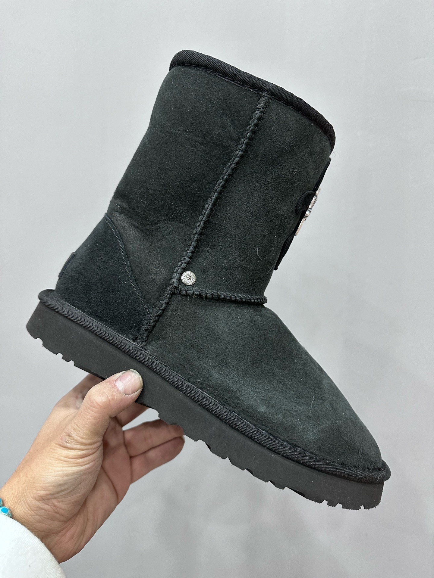 CH x UGG Black Leather Embroidered Sword Style Mid-Calf Snow Boots