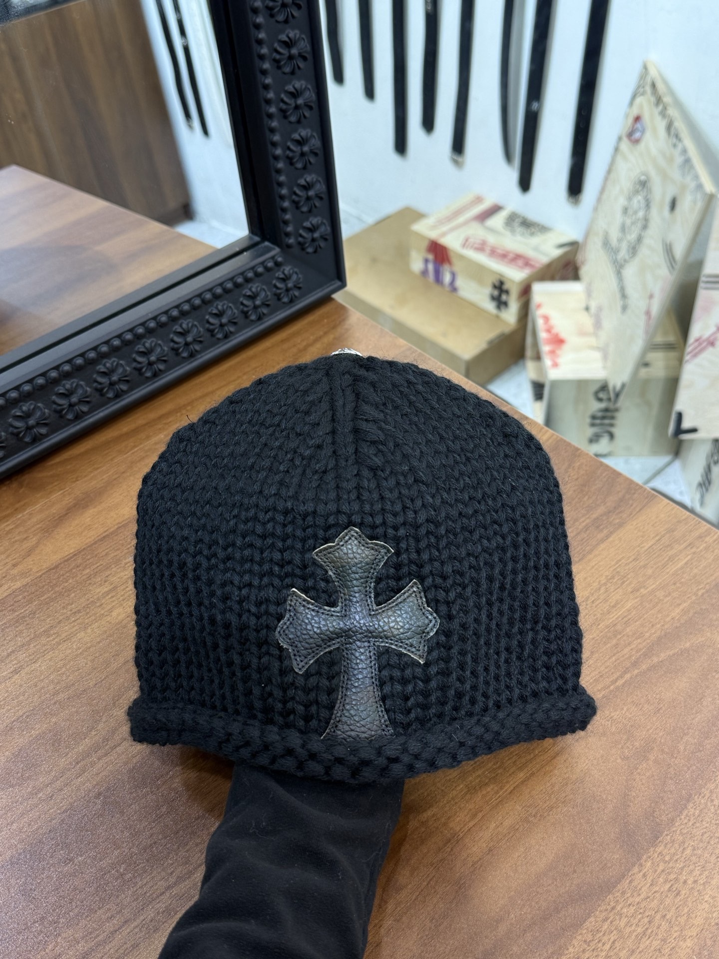 CH Leather Cross Patch Woolen Knitted Cold Hat. 100% Goat Hair.