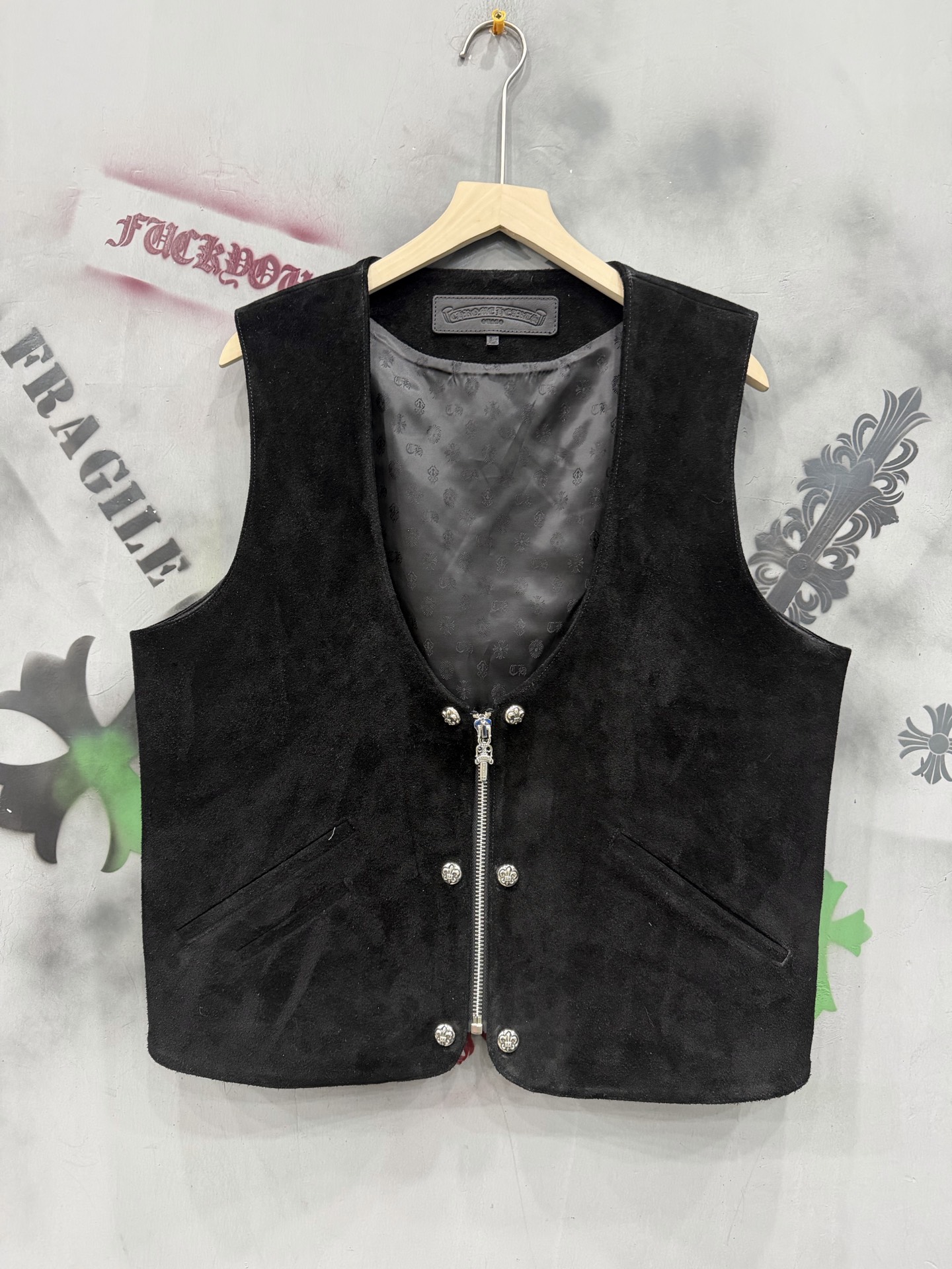 CH Chrome Hearts Black Suede Basic Zip-Up Vest Sizes: S-XXL