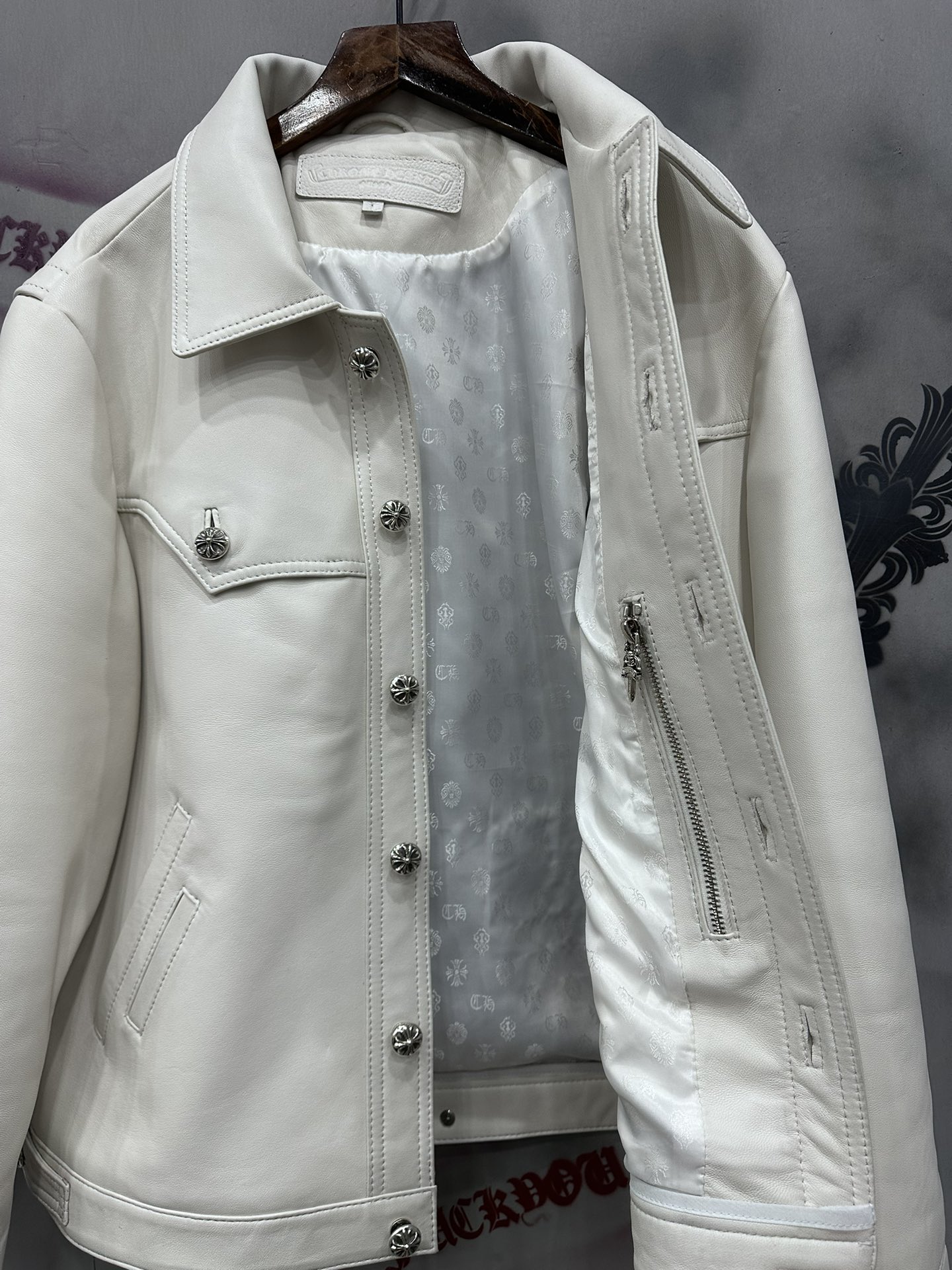 CHrome Hearts Limited Edition White Flame Lambskin Slim Fit Leather Jacket. Sizes: S-XXL