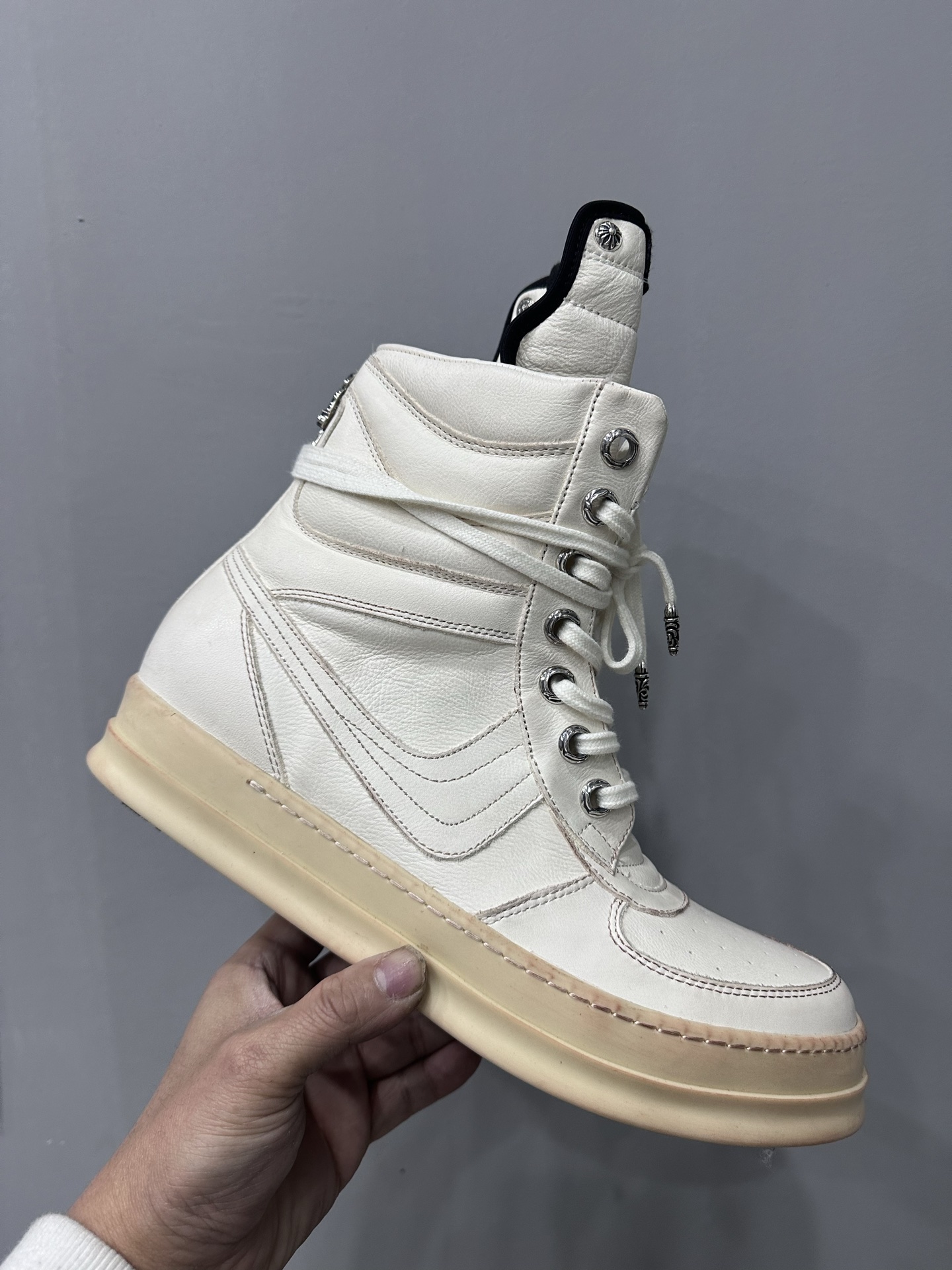 CH Chrome Hearts x Rick Owens Geobasket original distressed pure white oversized Nike sneakers. Sizes: 36-44