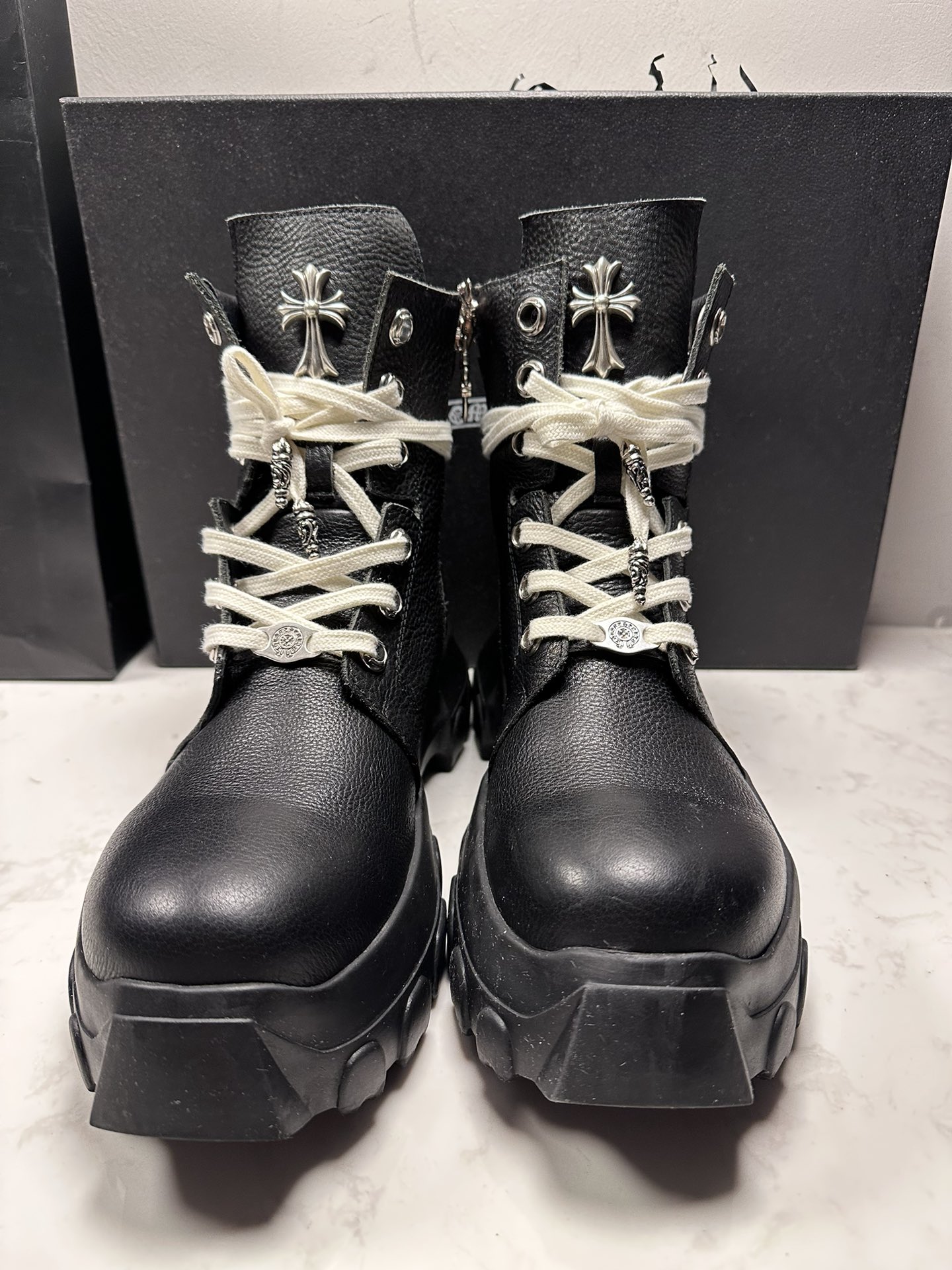 CH Chrome Hearts × Rick Owens Bozo Tractor Black Tumbled Leather High Boots. Sizes: 36-45 (half sizes available).