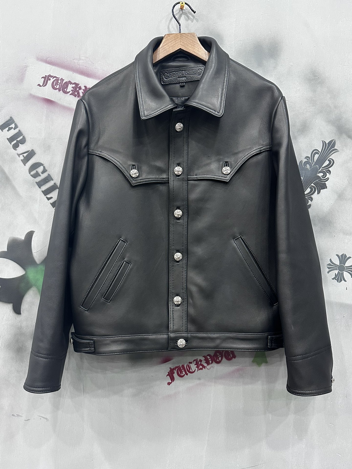 CH Chrome Hearts classic black flame-patterned lambskin slim-fit leather jacket. Sizes: S-XXL