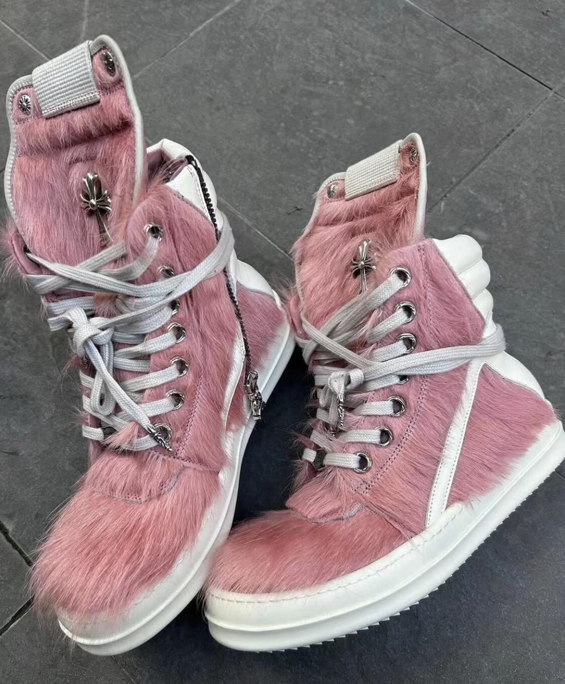 CH chromehearts × rickowens 925 sword and dagger zipper pink horsehair inverted triangle high-top sneakers