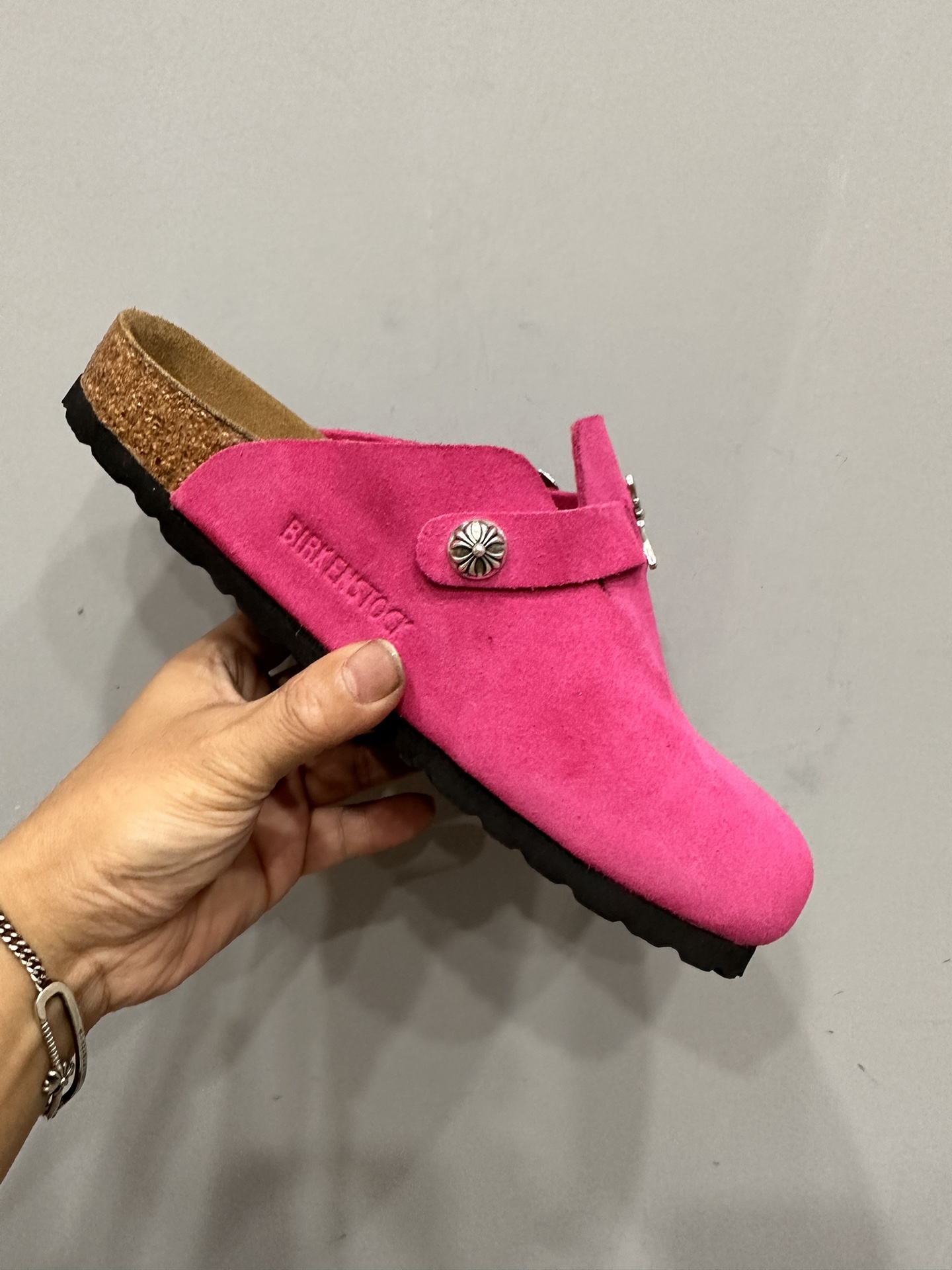 CH Chrome Hearts classic Boston suede half-toe slippers/sandals in fuchsia pink. Sizes: 36-46