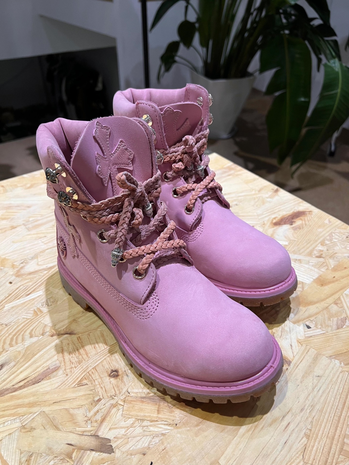 CH Chrome Hearts x Timberland collaboration pink hiking boots, authentic, available only in women's sizes 36-40.