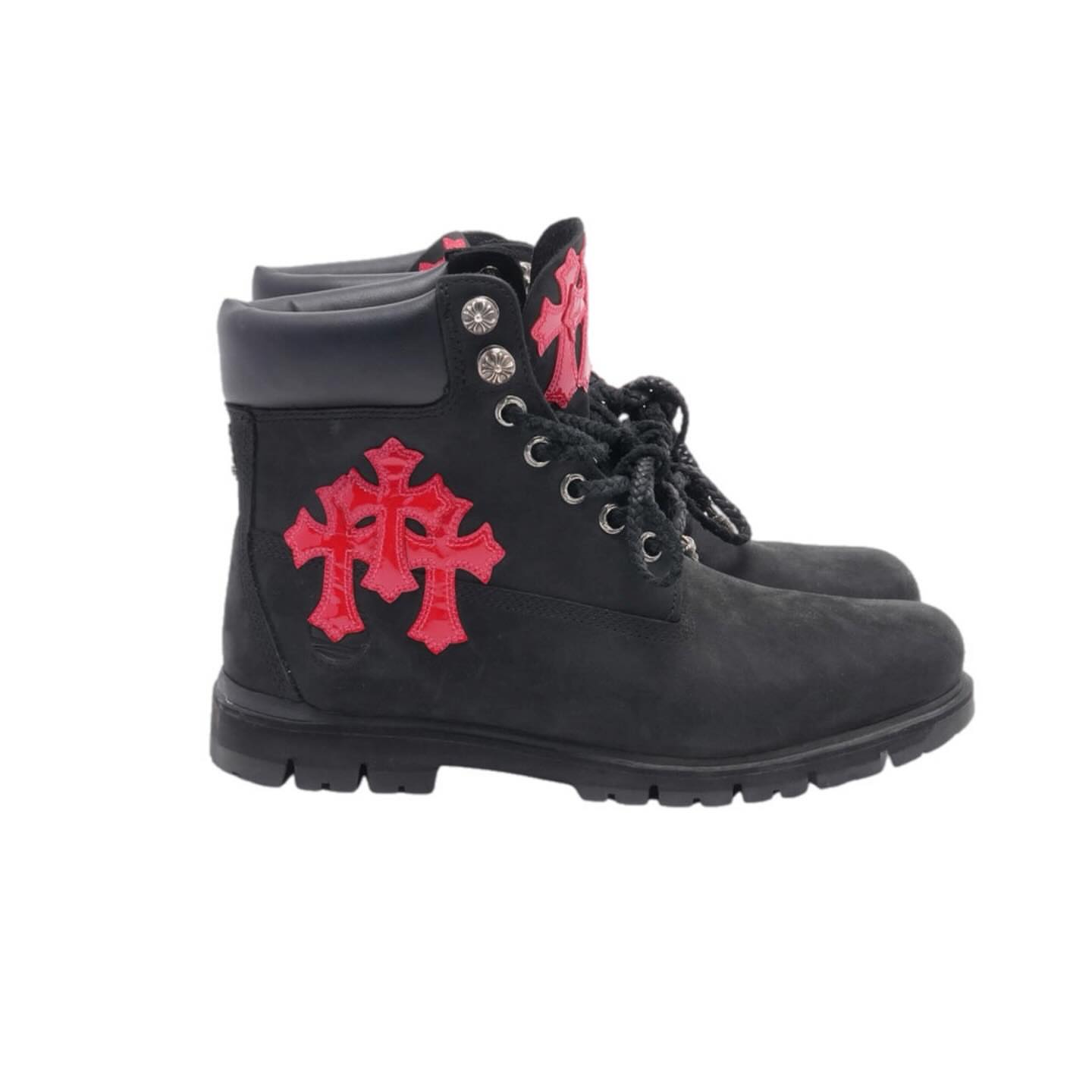 CH Chromehearts × Timberland Cross-Clasp Sword & Dagger with Thirty Crosses, Red Patent Leather Boots