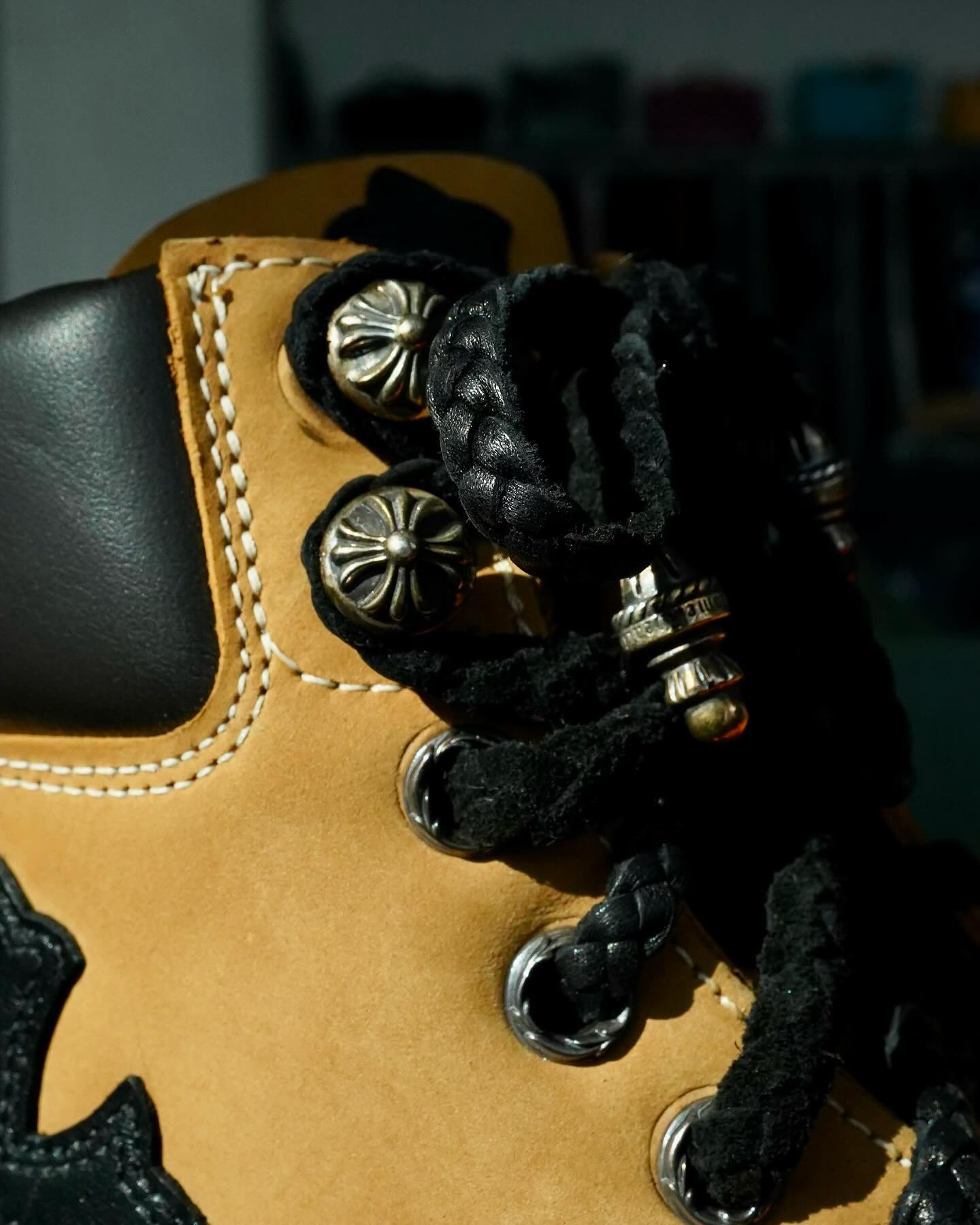 CH Chromehearts × Timberland 925 Cross-Patterned Silver Buckle Black Cross-Patterned Leather Printed Graffiti Yellow Boots