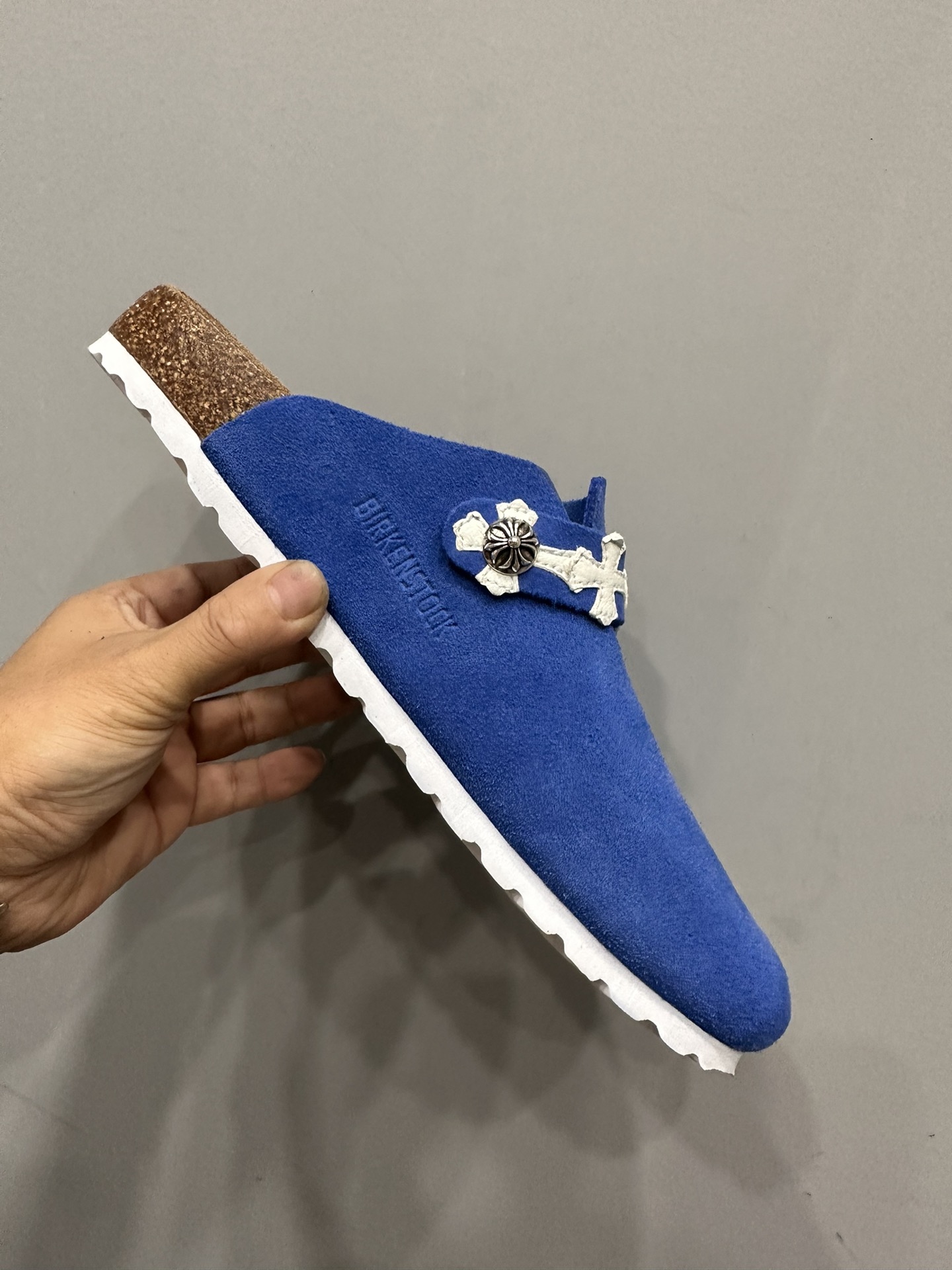 CH Chrome hearts x Birkenstock Klein blue and white cross suede half-toe slippers/sandals.