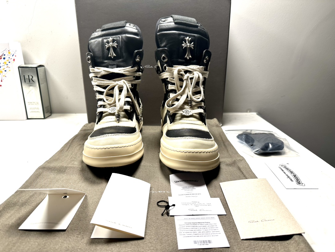 CH Chrome Hearts × Rick Owens GEOBASKET 2009 Original Nike Distressed Black/White Calfskin Sneakers. Sizes: 36-45