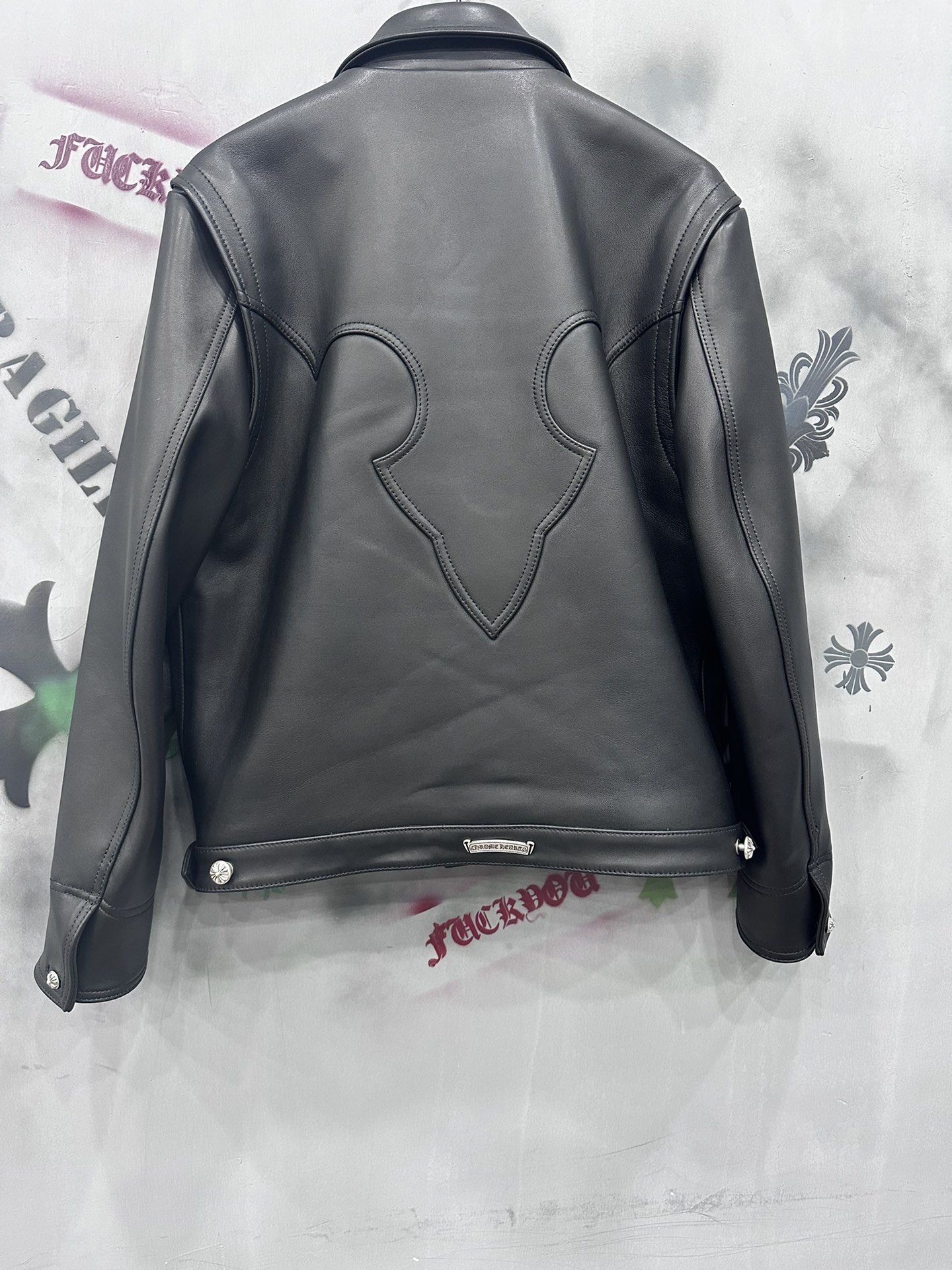 CH Chrome Hearts classic black flame-patterned lambskin slim-fit leather jacket. Sizes: S-XXL