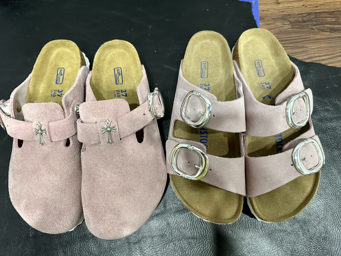 CH Chrome Hearts x Birkenstock light pink double-lace-up suede slippers. Sizes: 36-44