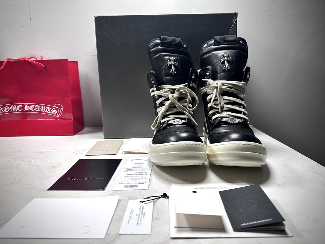 CH Chrome Hearts × Rick Owens LUXOR GEOBASKET Black/White Calfskin Sneakers (Inverted Triangle Style) Sizes: 36-45 (half sizes available)