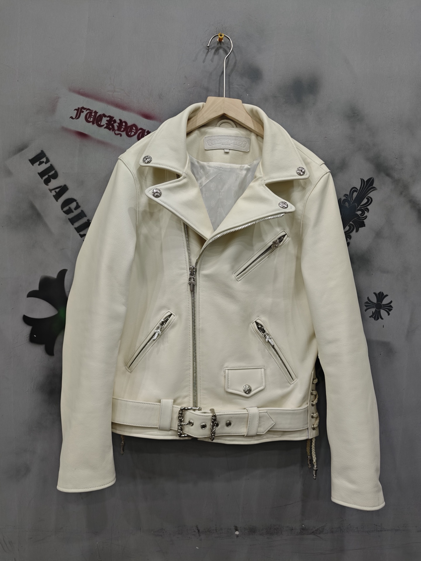 CH Chrome Hearts White Limited Edition JJ Dean Heavy-Duty Motorcycle Leather Jacket. Sizes: S-XXL. Custom sizes available.