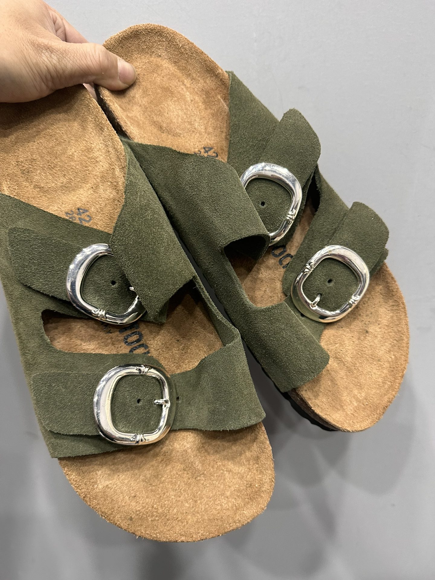 CH Chrome Hearts x Birkenstock custom-made 3mm military green original top-grain suede double-lace-up sandals. Sizes: 35-46