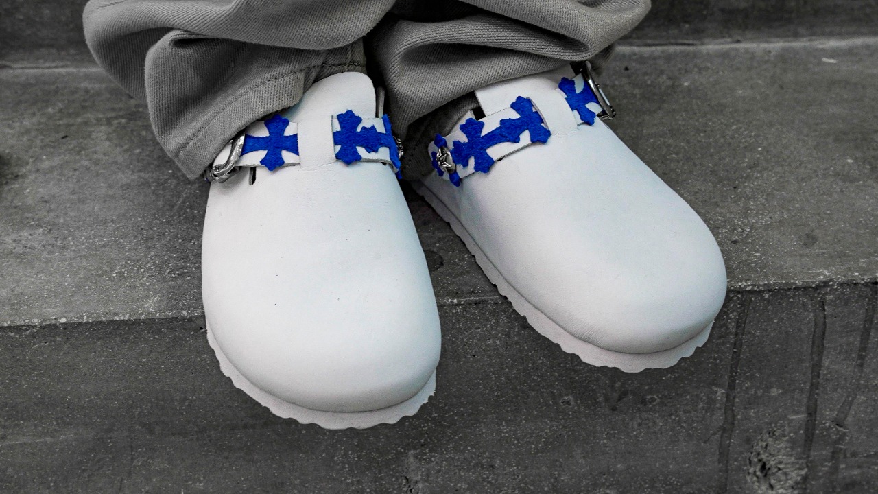 CH Chrome Hearts x Birkenstock Boston White Top Grain Leather Closed-Toe Slippers, Mini Blue Suede Cross Slippers x5, Sizes: 36-45