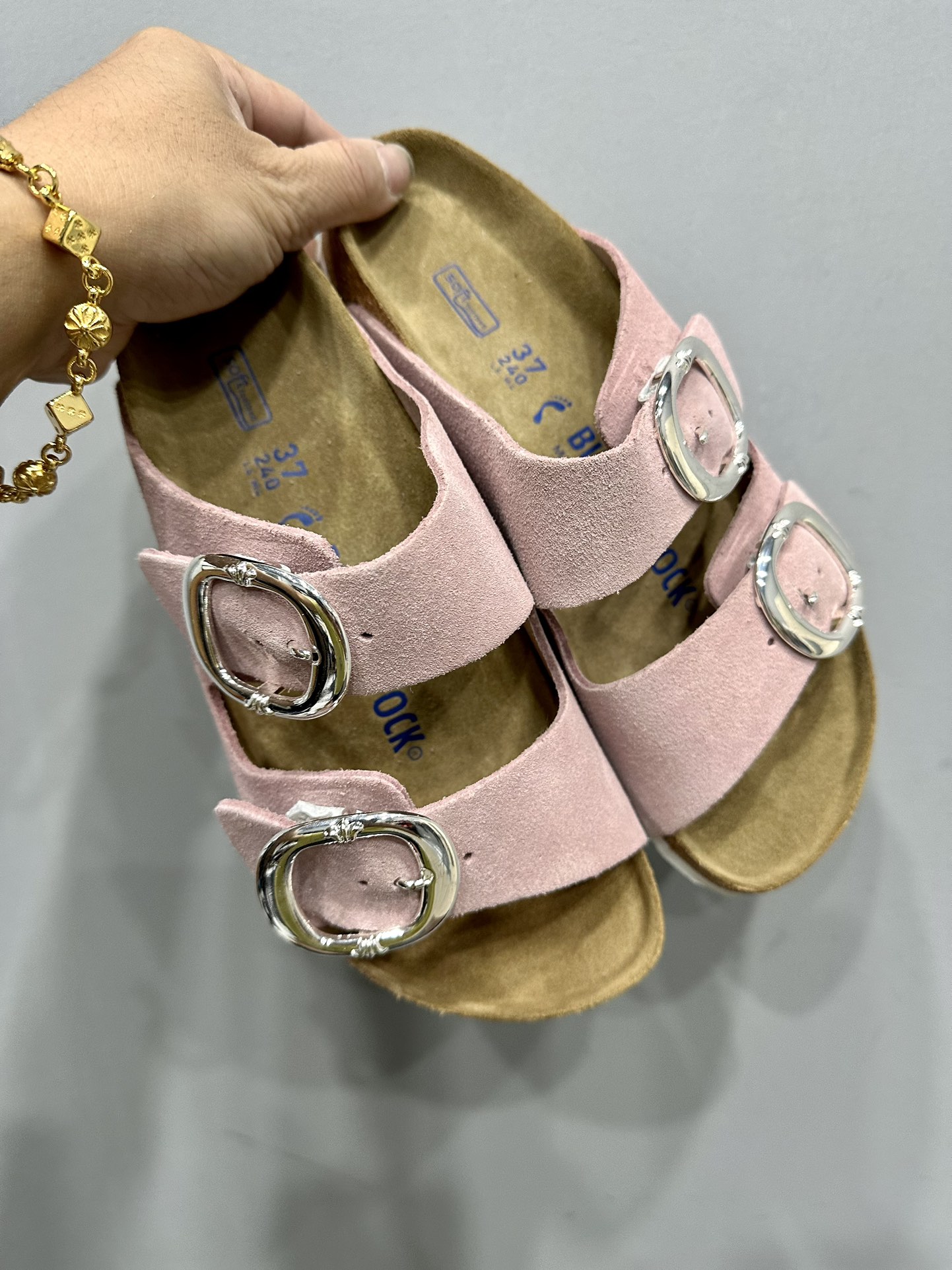CH Chrome Hearts x Birkenstock light pink double-lace-up suede slippers. Sizes: 36-44