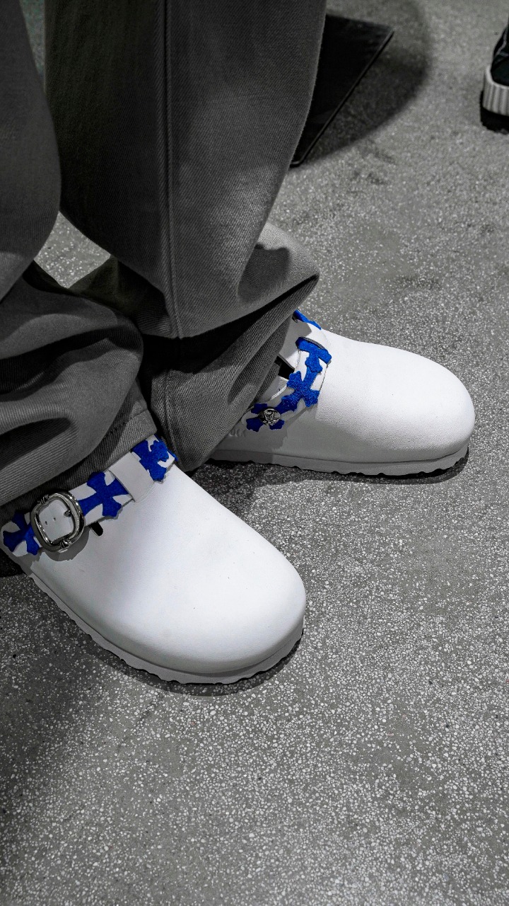 CH Chrome Hearts x Birkenstock Boston White Top Grain Leather Closed-Toe Slippers, Mini Blue Suede Cross Slippers x5, Sizes: 36-45