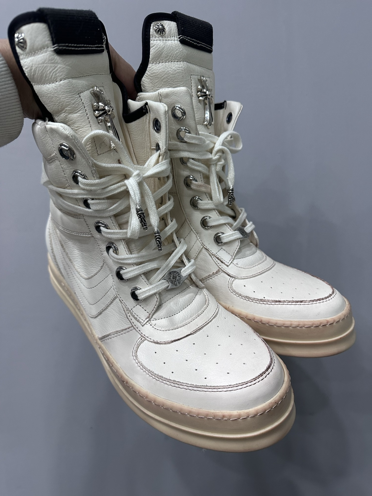 CH Chrome Hearts x Rick Owens Geobasket original distressed pure white oversized Nike sneakers. Sizes: 36-44