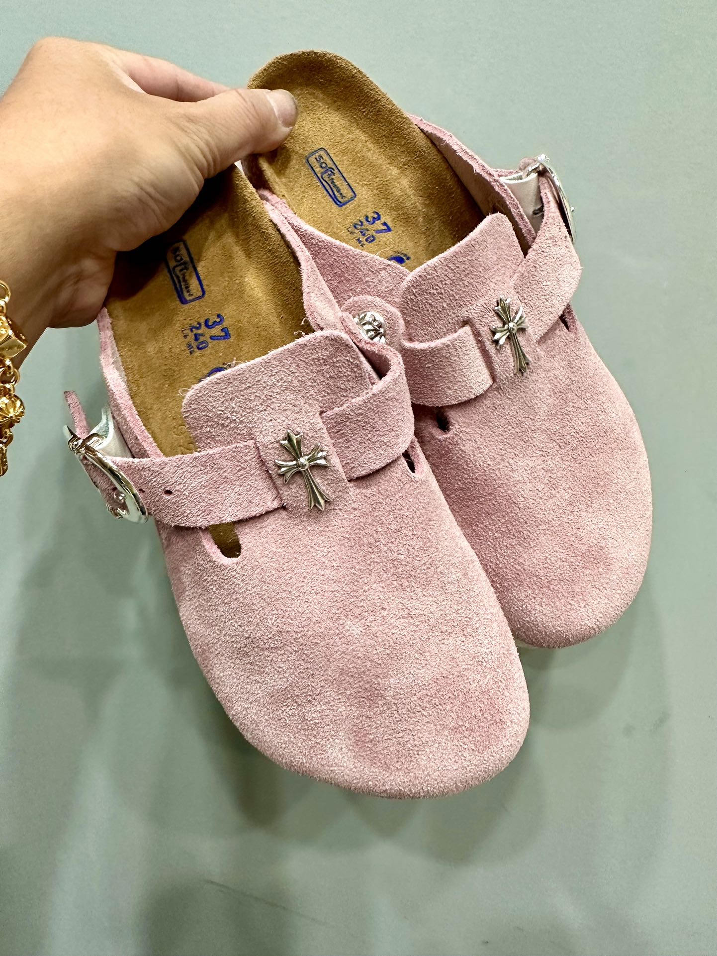 CH Chrome Hearts x Birkenstock Light Pink Boston Series Suede Closed-Toe Slippers. Sizes: 36-44