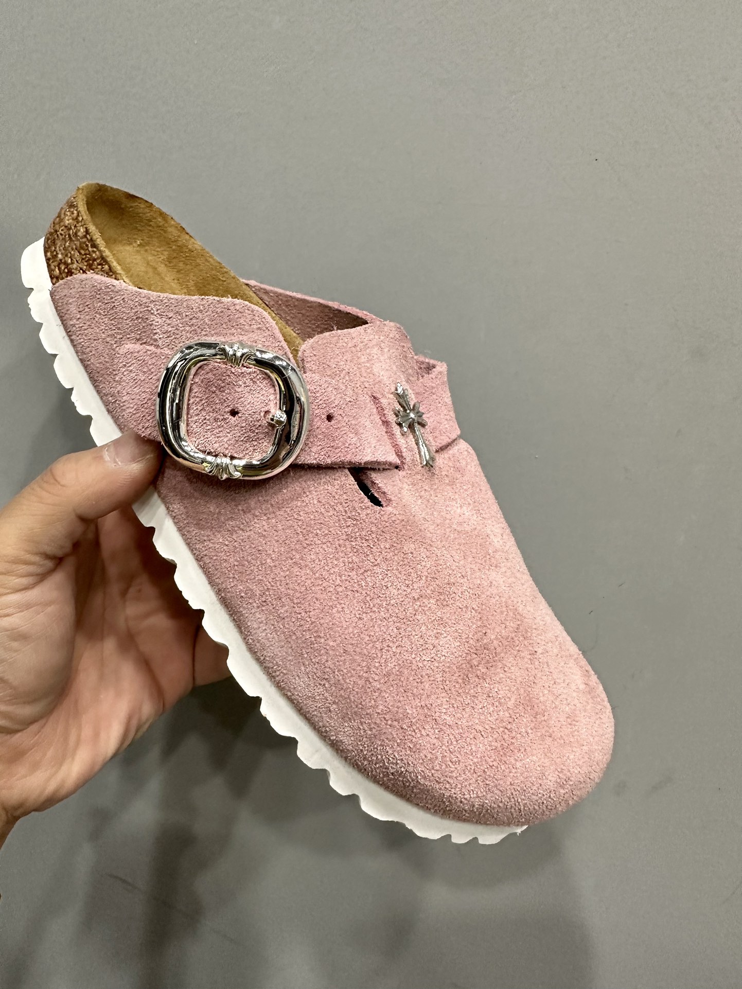 CH Chrome Hearts x Birkenstock Light Pink Boston Series Suede Closed-Toe Slippers. Sizes: 36-44