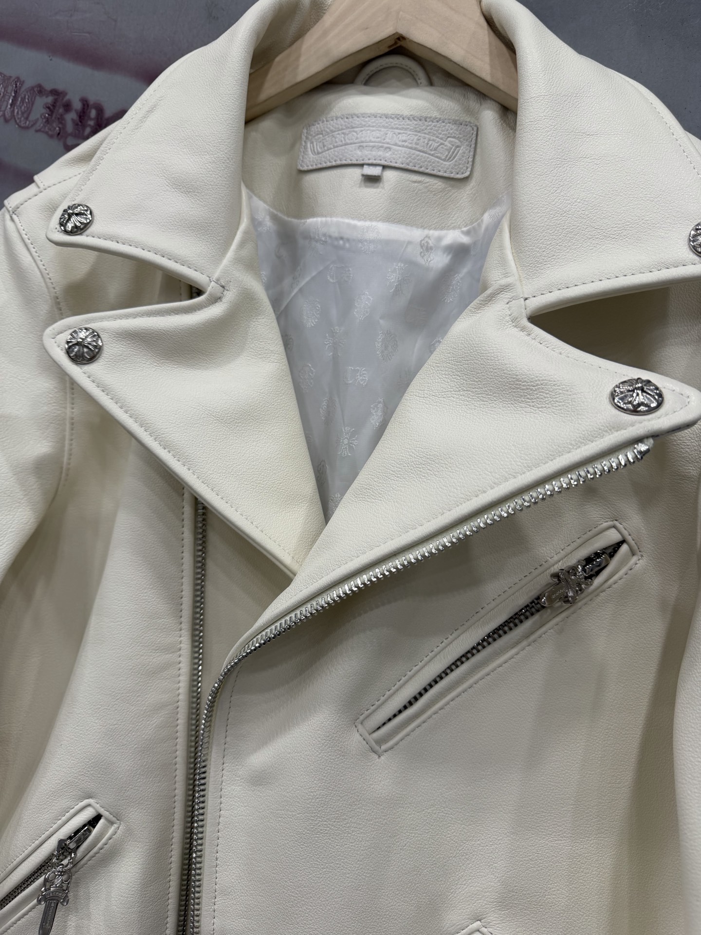 CH Chrome Hearts White Limited Edition JJ Dean Heavy-Duty Motorcycle Leather Jacket. Sizes: S-XXL. Custom sizes available.